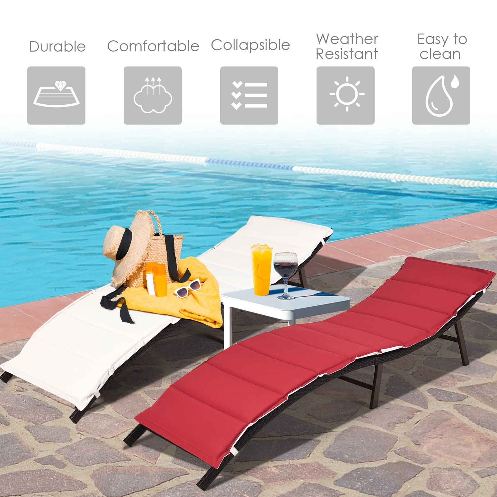 SUGIFT Red Reversible Cushion 400-lb Each Set of 2 Folding Wicker Patio Lounger Chairs
