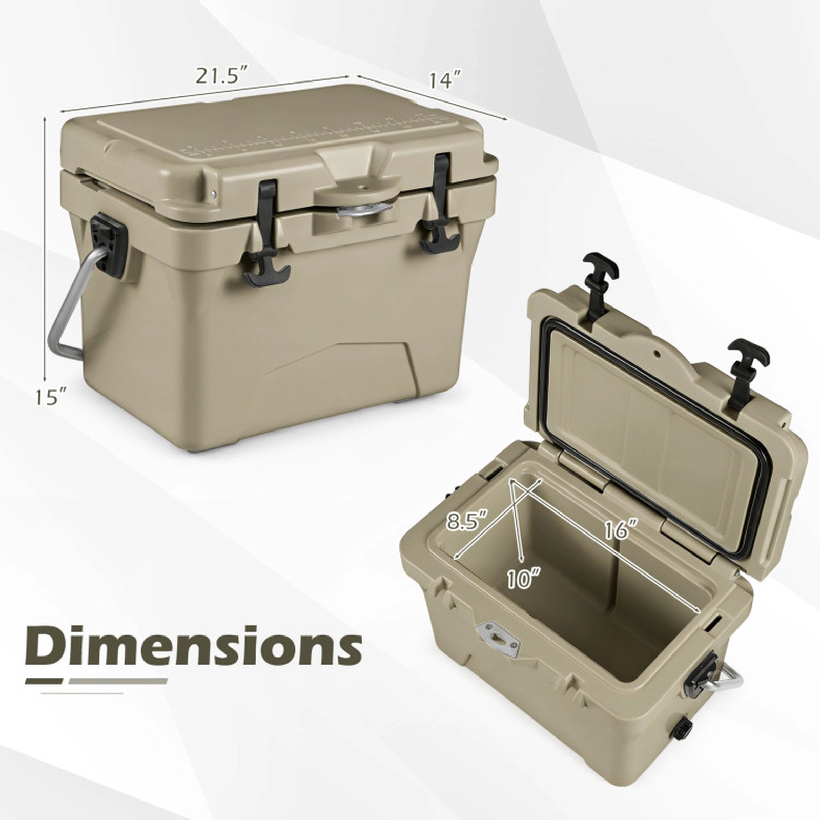 SUGIFT 20-qt Khaki Portable Hard Cooler Ice Chest with 6-Day Ice Retention Built-In Ruler and Bottle Opener