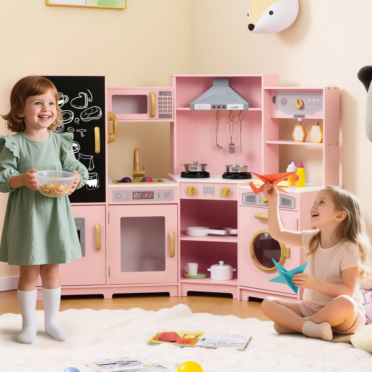 SUGIFT Pink Lights Sounds and Ice Maker for Kids Large Corner Wooden Play Kitchen