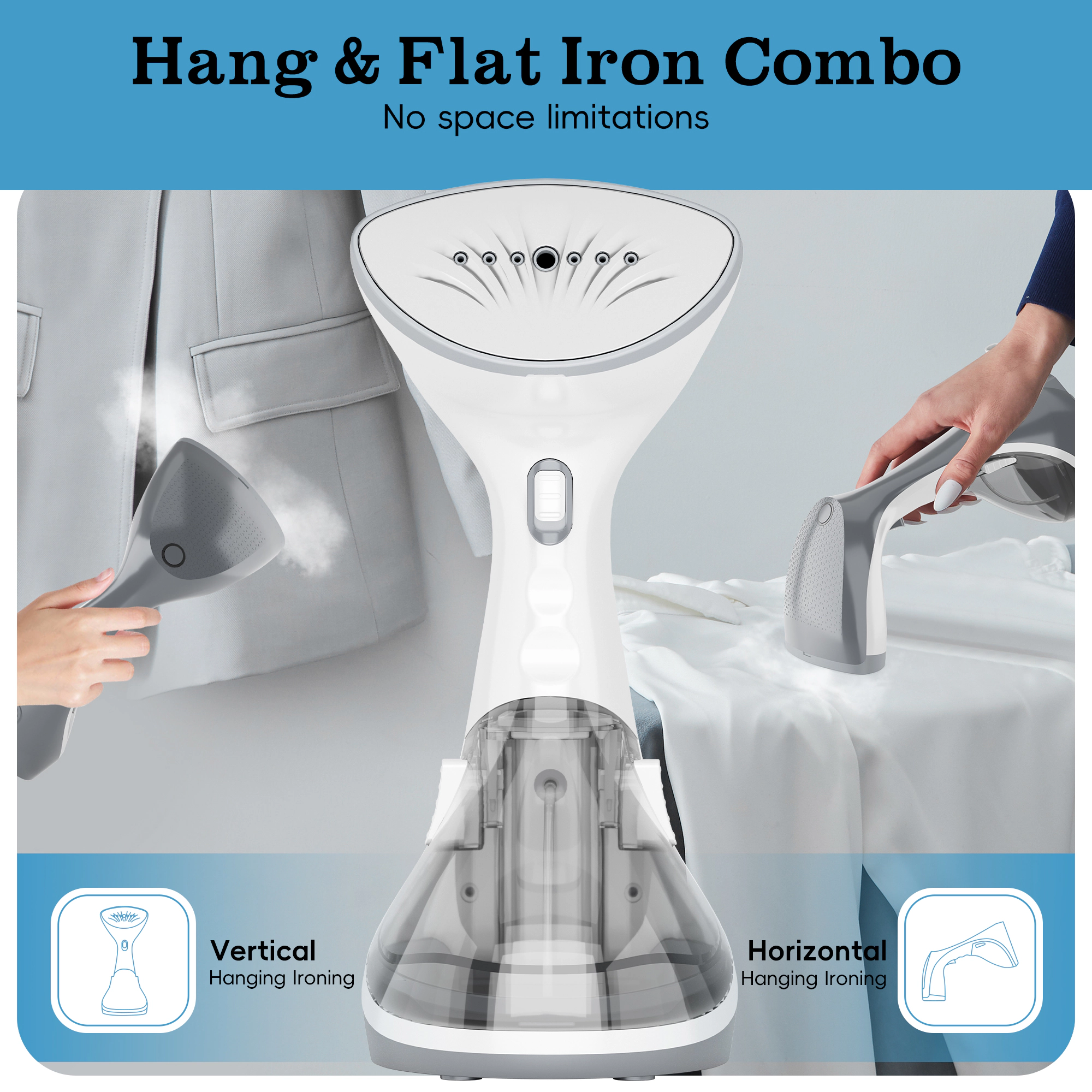 WHALL - Portable Handheld Steamer & Iron with 1200W Quick Heat, Steam and Dry Modes, Wrinkle Remover, Brush Attachment