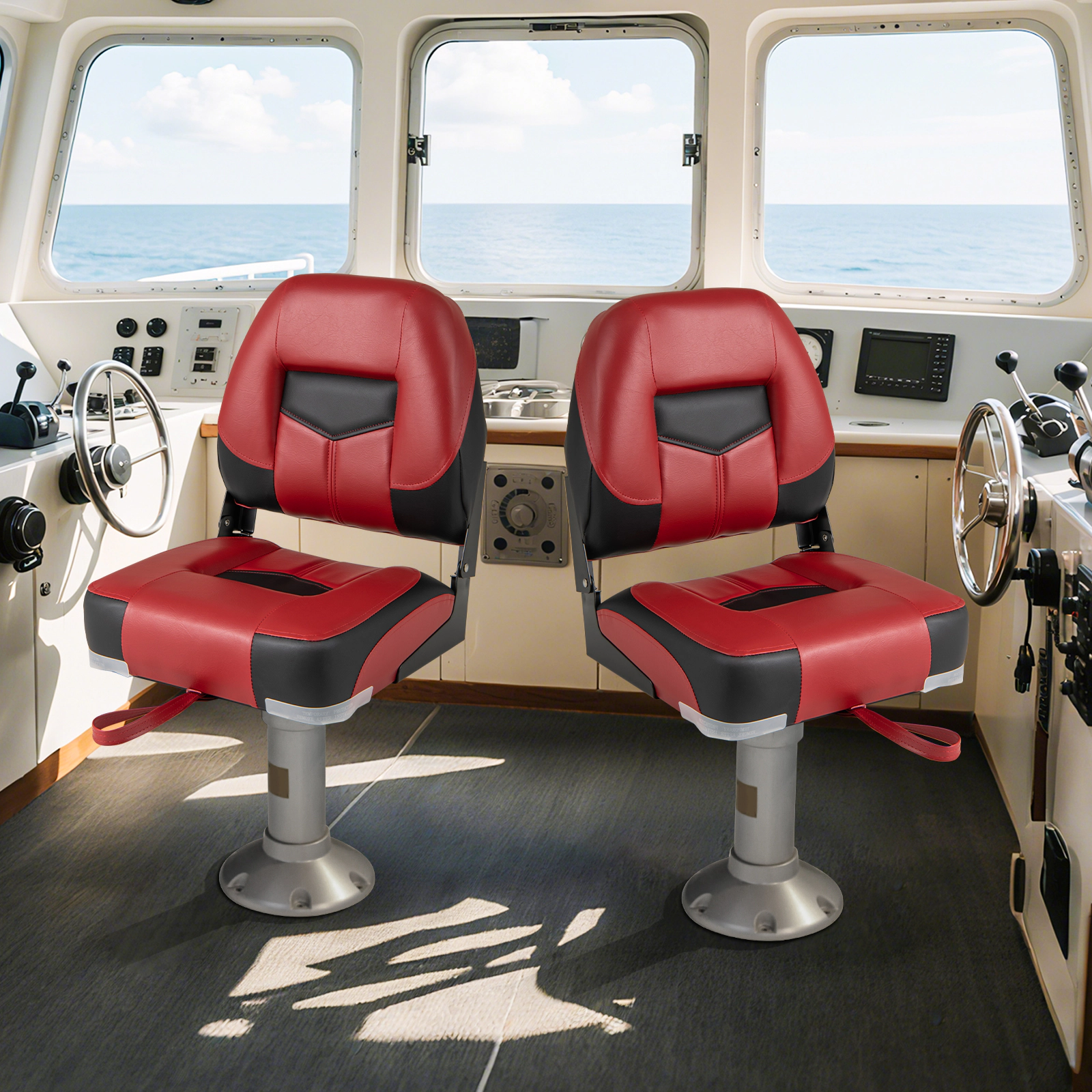 SUGIFT Set of 2 Red and Black Low-Back Folding Boat Seats, 250 lb Capacity Each