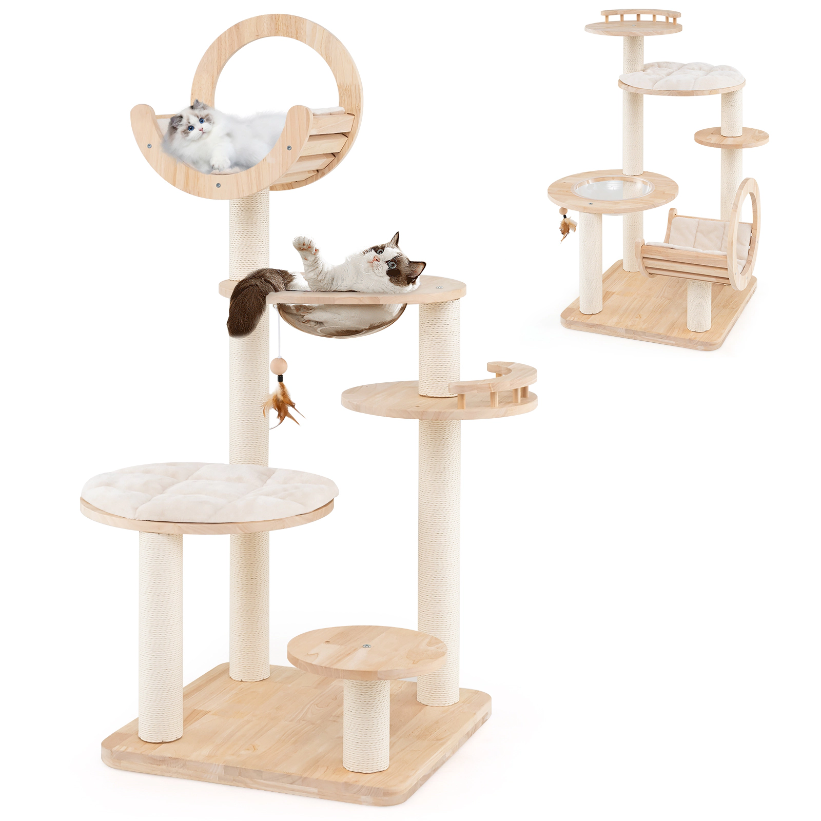 SUGIFT Beige 4-in-1 Large Wooden Cat Tower with Space Capsule Nest and Paper Rope Posts