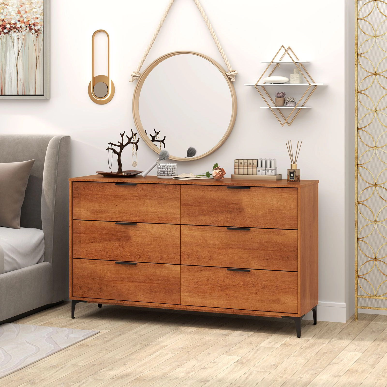 SlickBlue 6 Drawer Dresser with Metal Legs and Cherry Wood Storage Cabinet