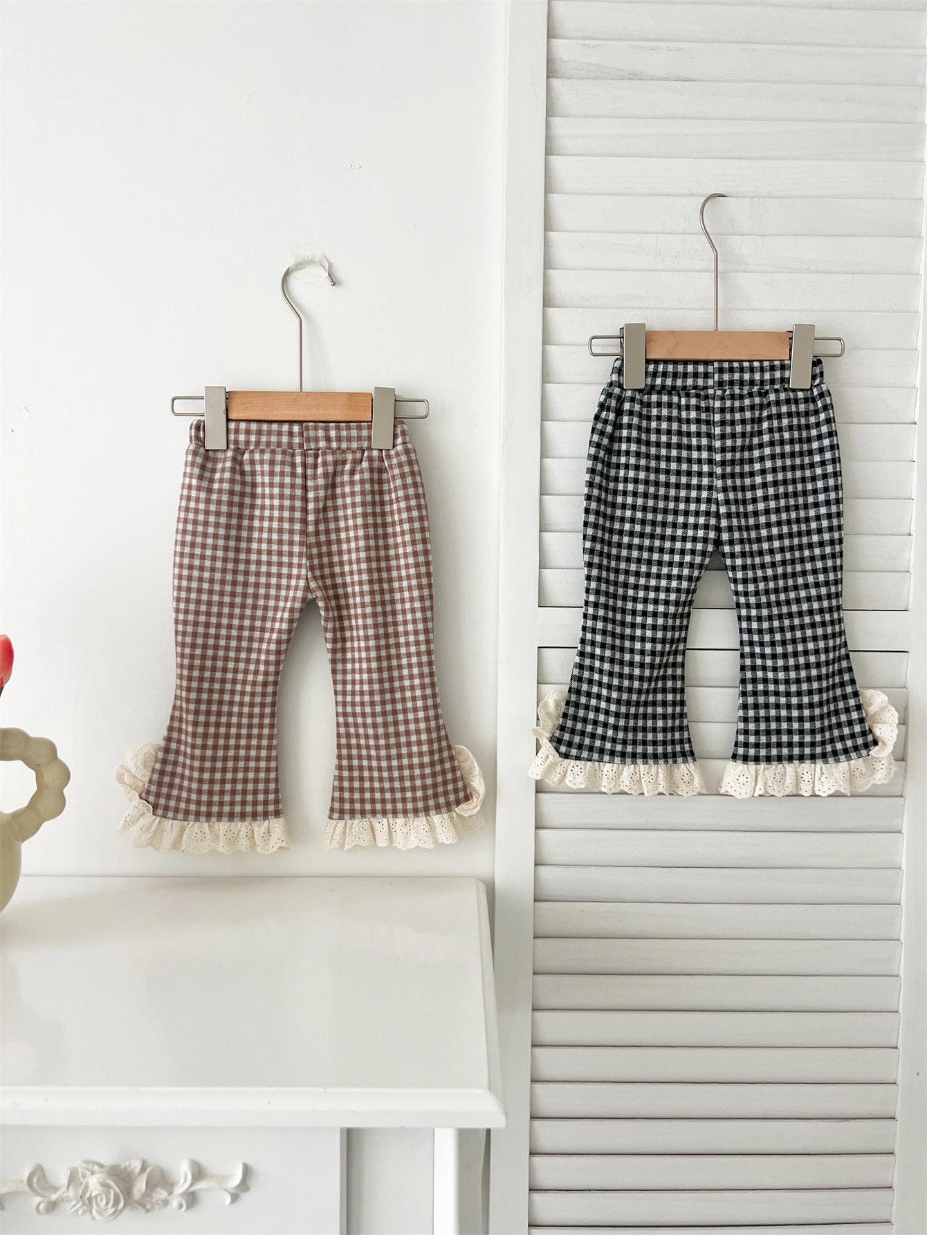 MyKids-USA Arrival Autumn Baby Kids Girls Cheap Plaid Trousers Pants with Lace Trim