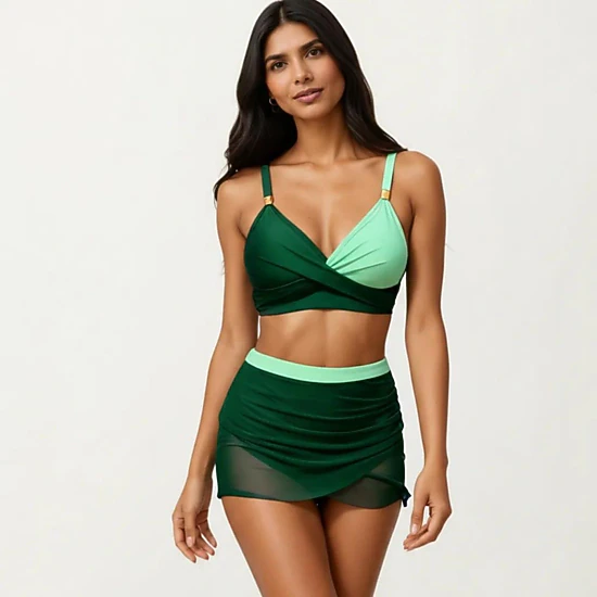 Anna-Kaci Women Crisscross Bralette Two-Piece Swim Set with Ruched Skirted Bottom