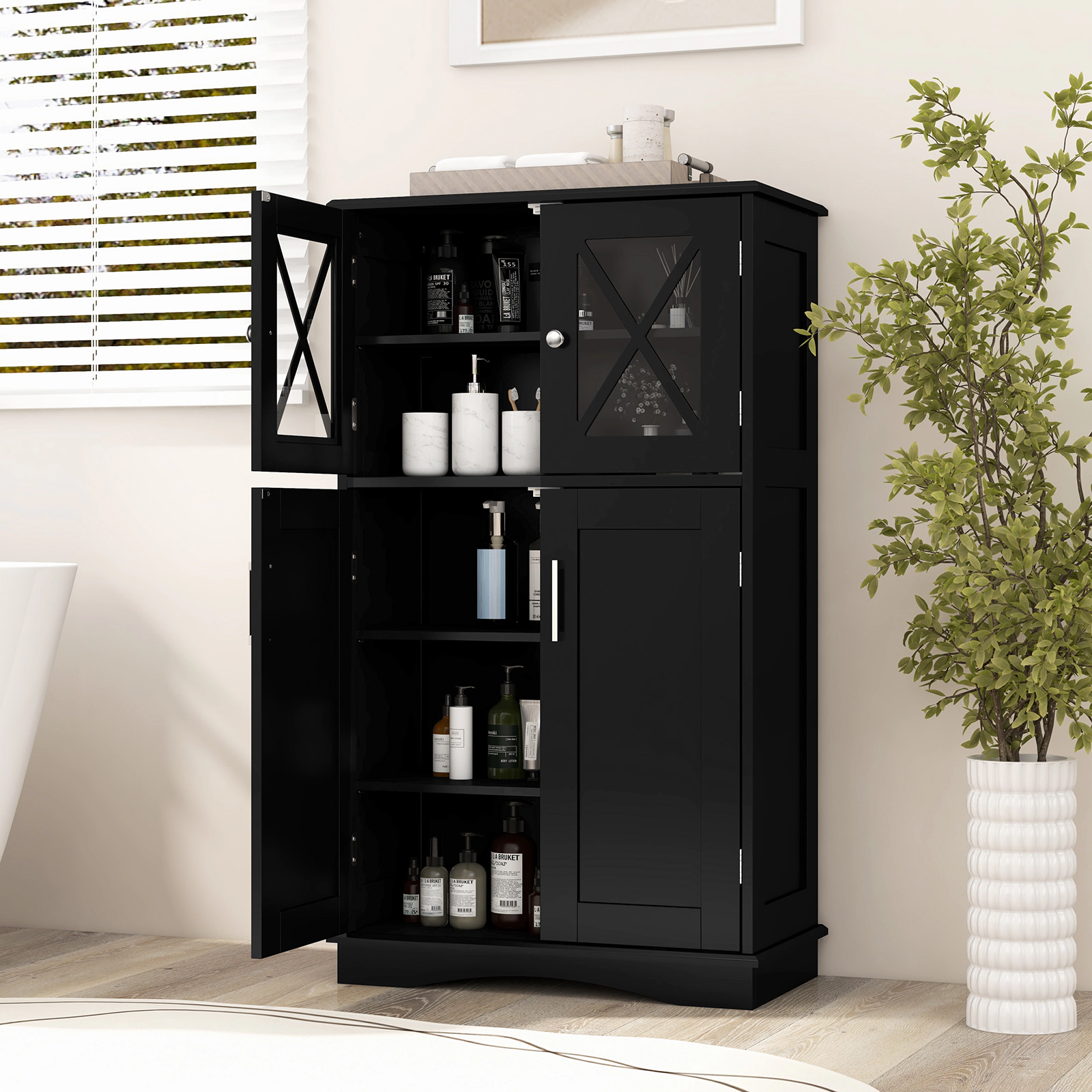 Glintex 4-Door Freestanding Bathroom Cabinet with Glass Doors and 3 Adjustable Shelves
