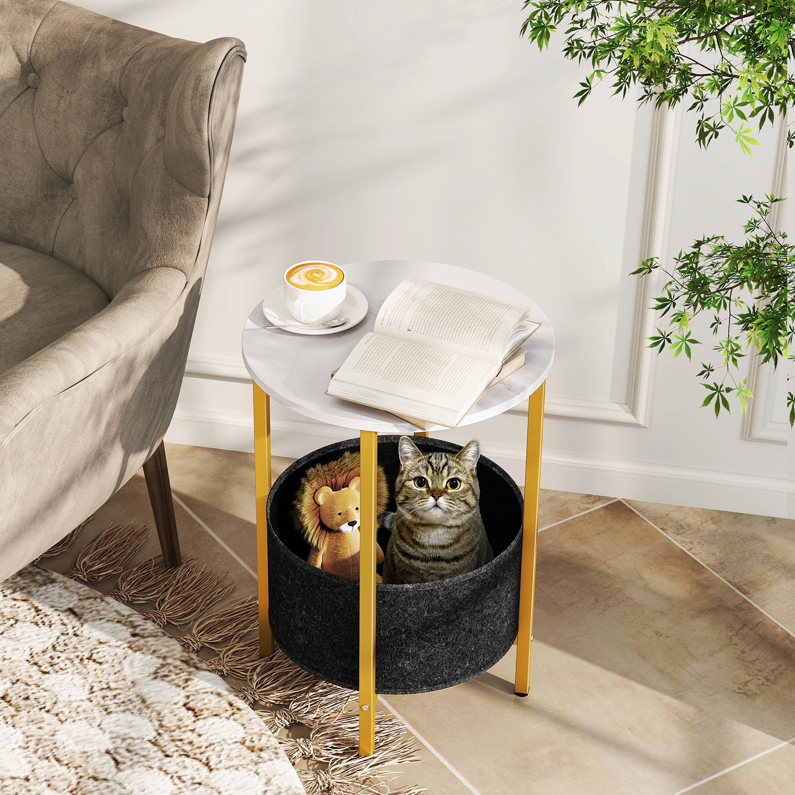 LJG Round End Table 2-Tier Side Table with Removable Fabric Basket and Metal Frame