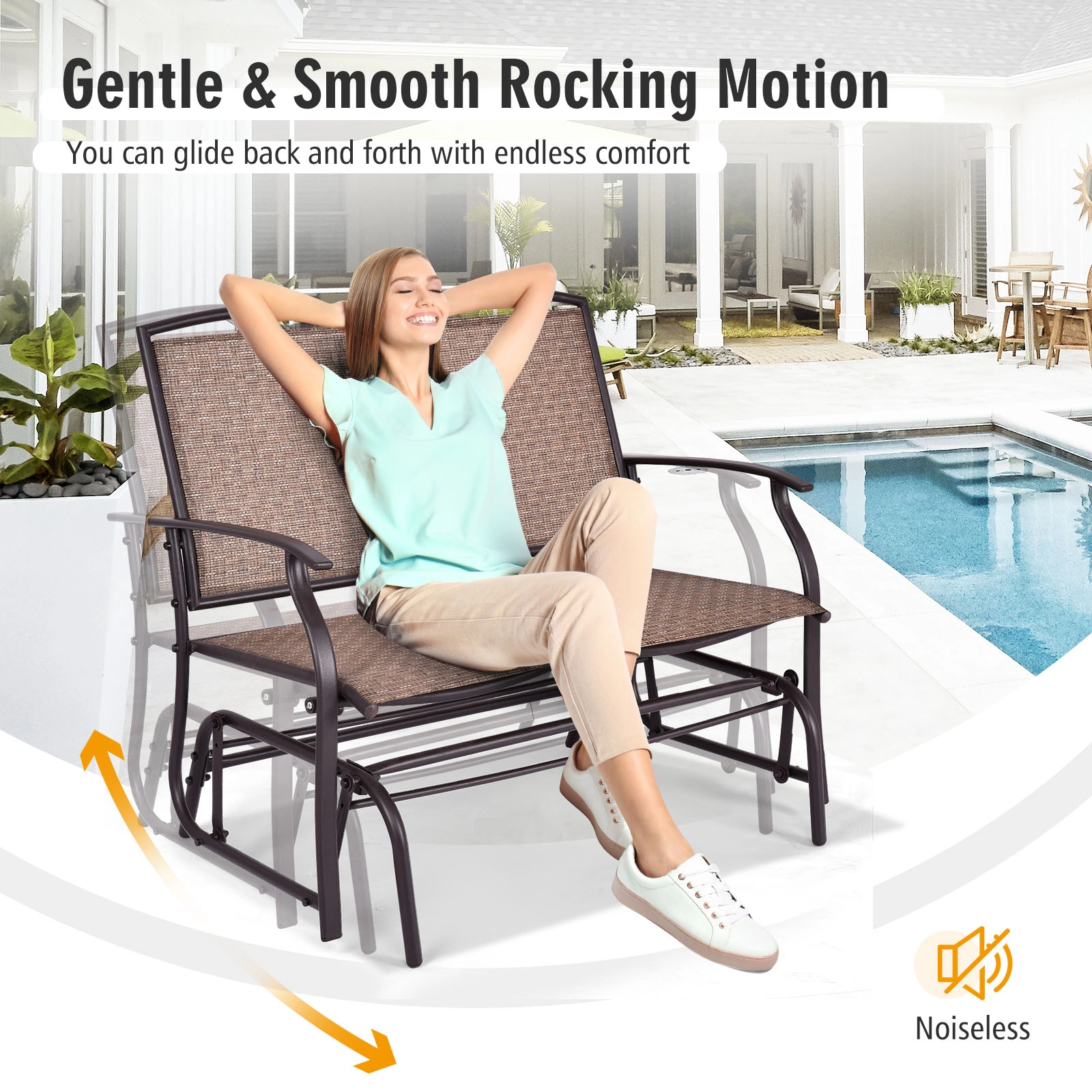 SUGIFT Steel Patio Rocking Loveseat with Textilene Seat 396-lb Capacity Black/Brown/Gray