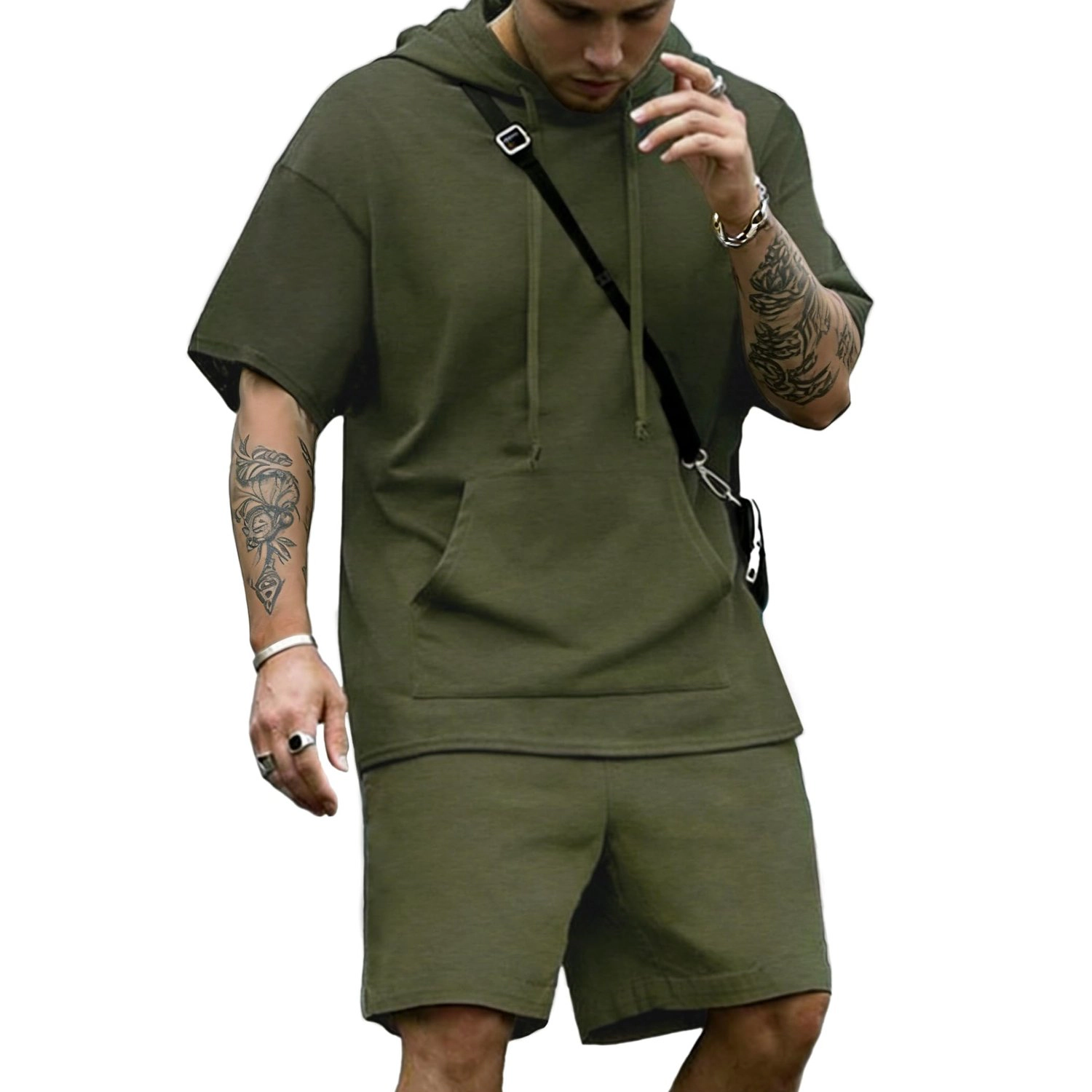 COOFANDY Mens Solid Short Sleeve Hoodie Shorts Set Drawstring Hood Casual Lounge