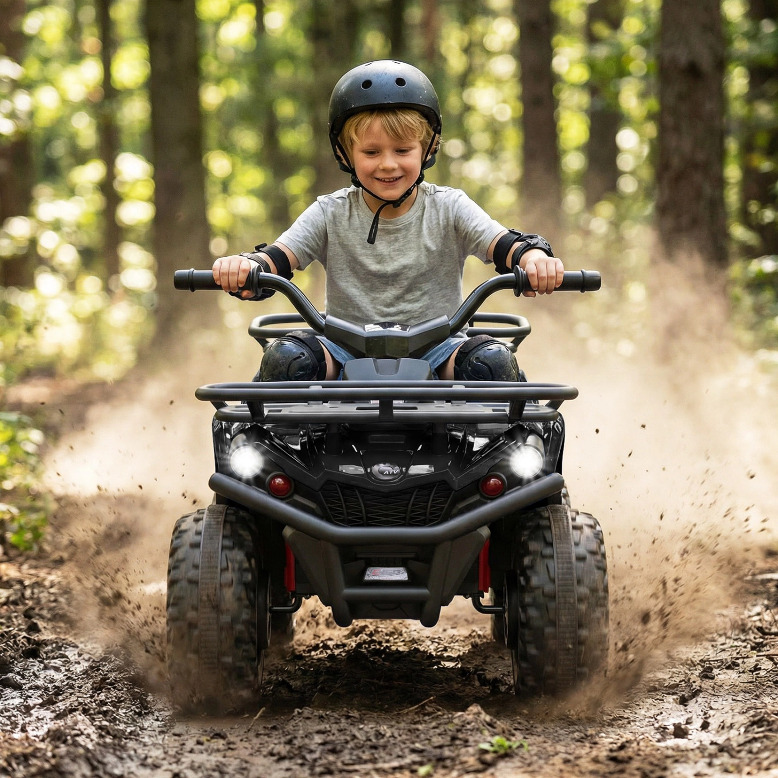 SUGIFT Black LED Headlights and Dual 35W Motors 24V 2 Pack Kids Electric Ride On Quad