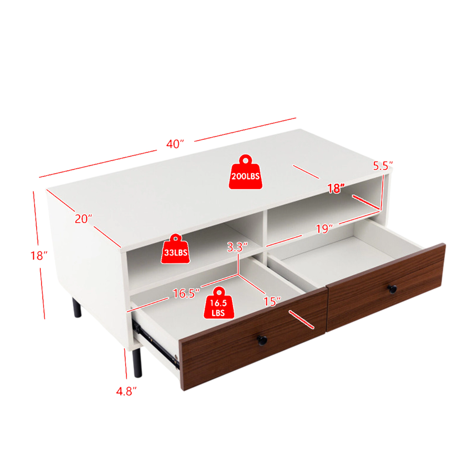 Hivvago Modern 40-Inch Coffee Table with Drawers and Two-Tier Storage Design