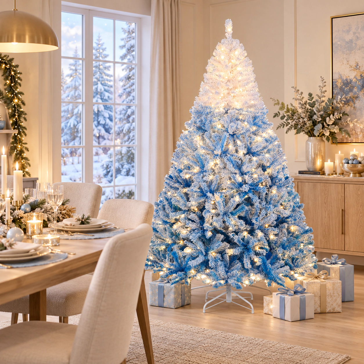 SUGIFT 7-ft Pre-Lit Snow Flocked Gradient Artificial Christmas Tree with 350 Warm White LED Lights 1264 Tips Blue
