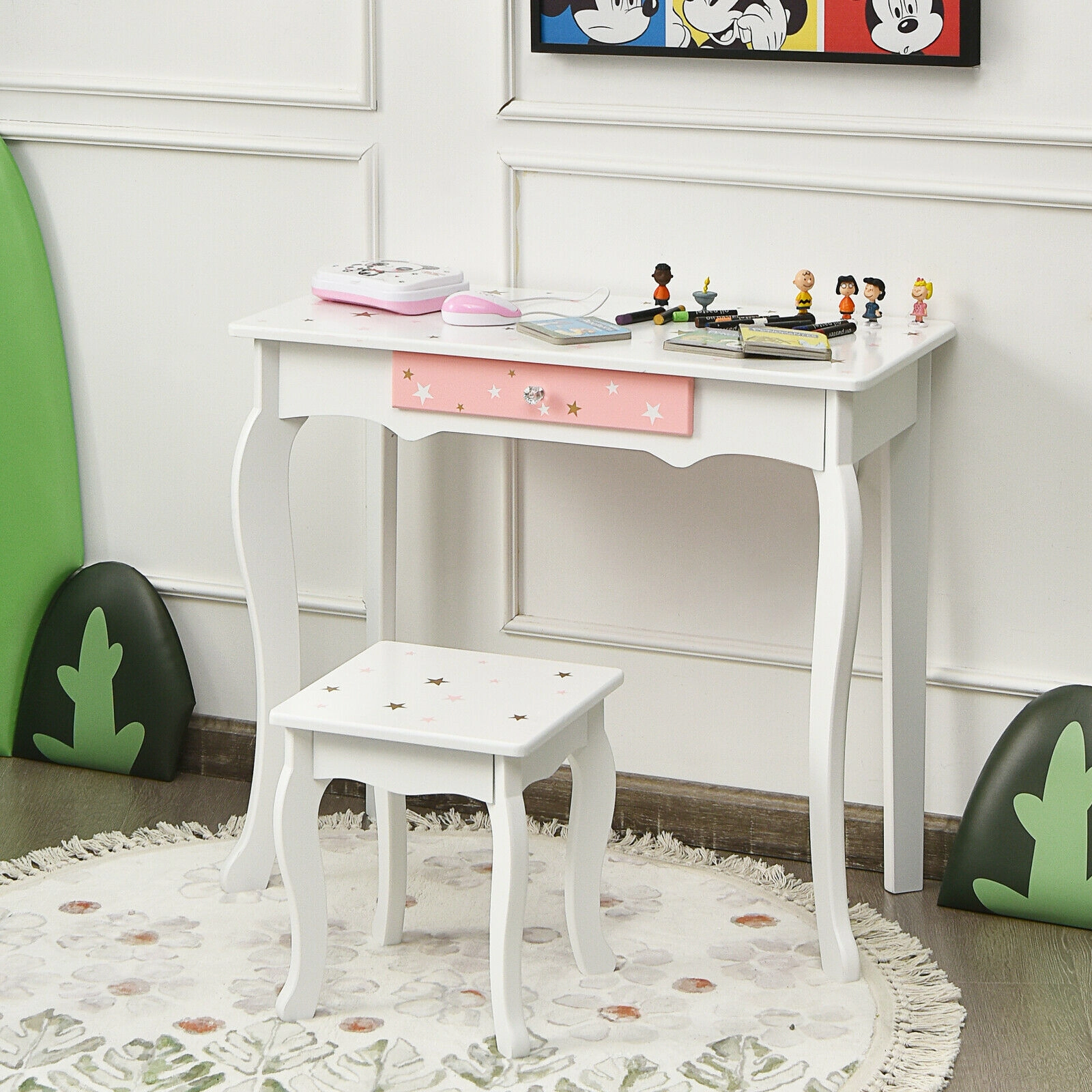 SUGIFT Kids Princess Vanity Table and Stool Set, 180-Degree Tri-Fold Mirror, Detachable Desk and Drawer