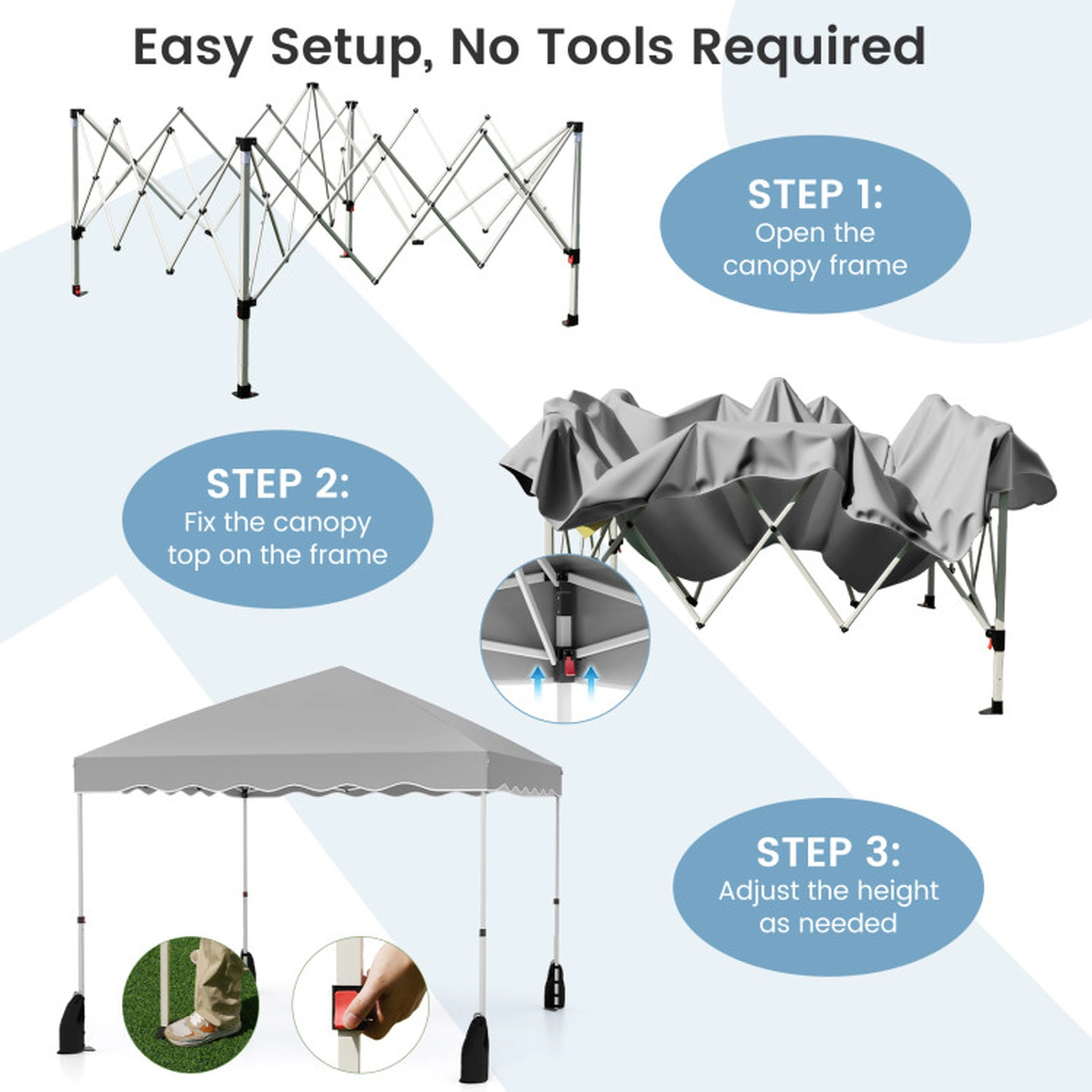 SUGIFT Foldable Pop Up 10 x 10Canopy Tent with 3-Height Adjustable Frame Wheeled Bag and Accessories Gray