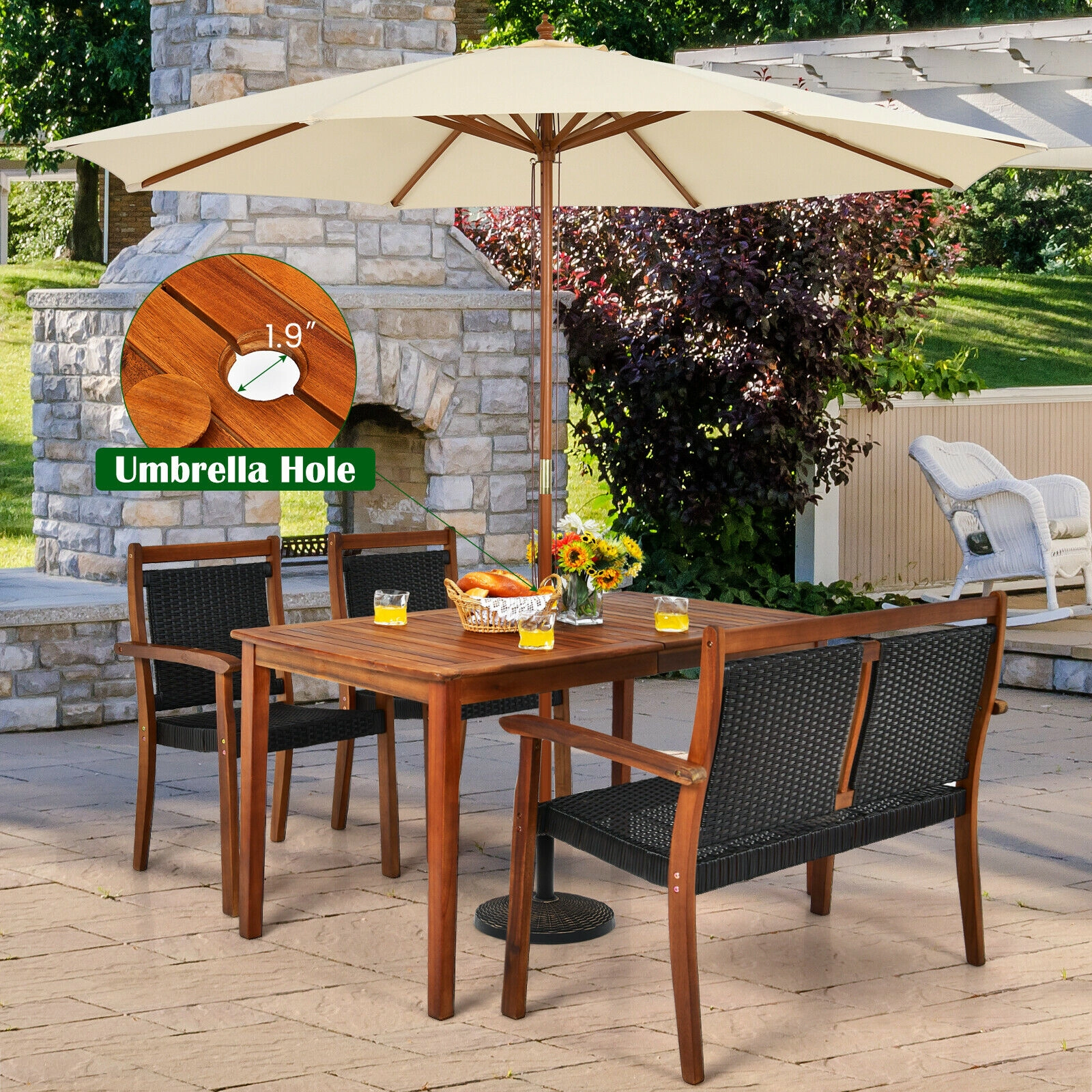 SUGIFT Loveseat and 2 Chairs 4-Piece Acacia Wood and Rattan Patio Dining Set