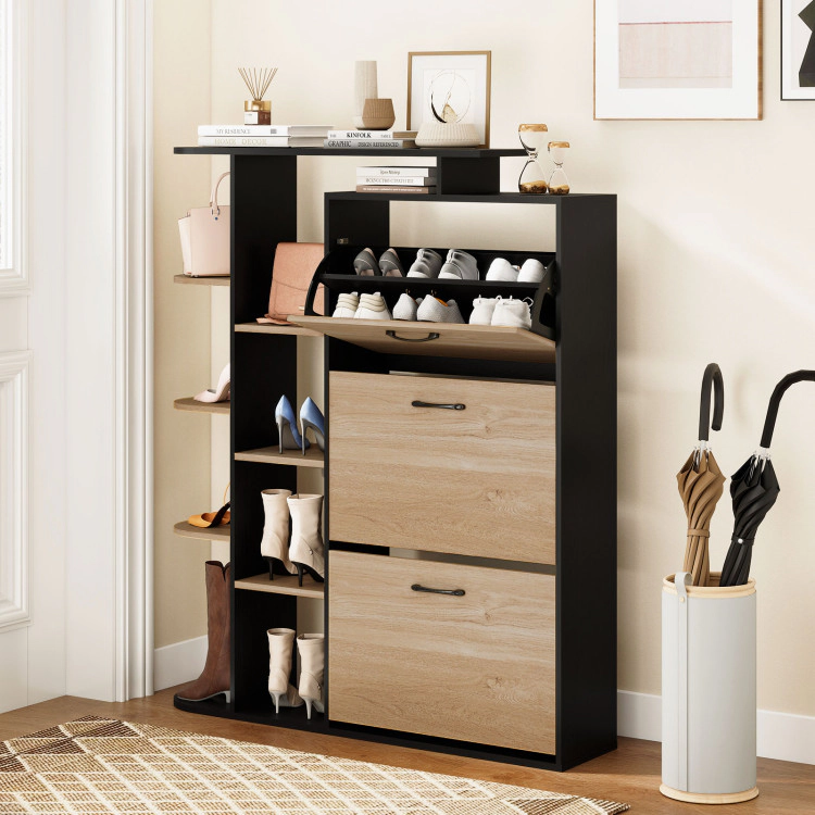 Hivvago Shoe Cabinet with Open Shelves Modern Organizer 3 Flip Drawers