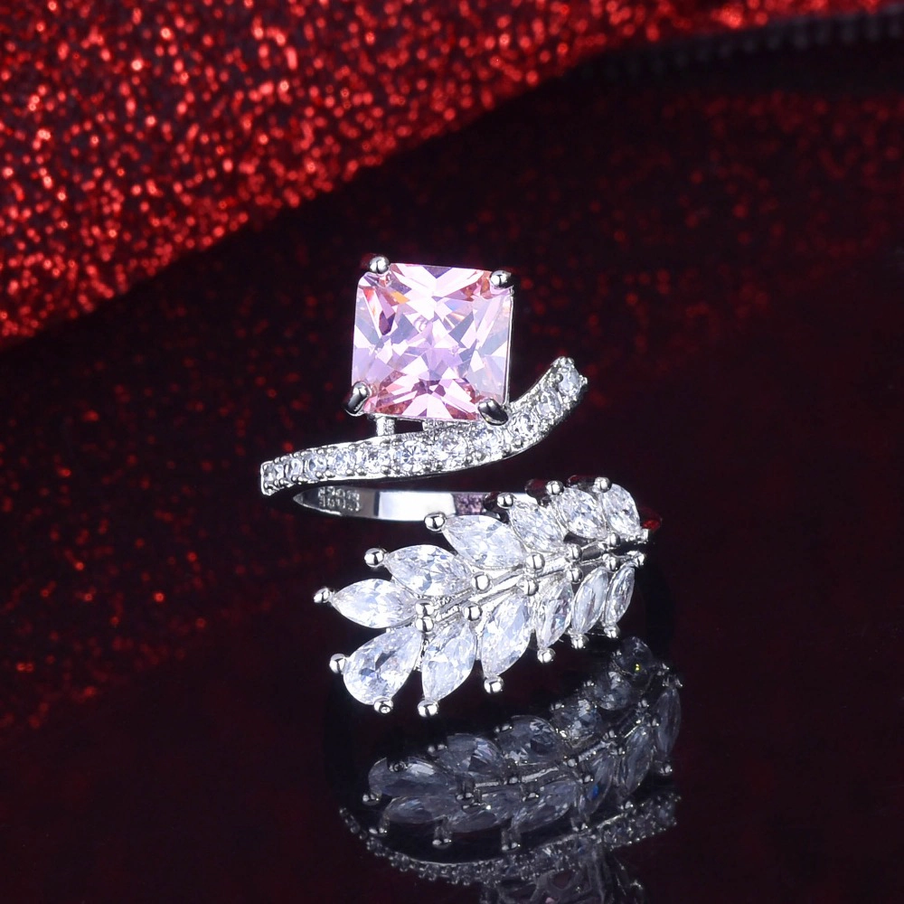 Branch Leaf Open Ring Adjustable Wedding with Yellow & Pink CZ Crystals