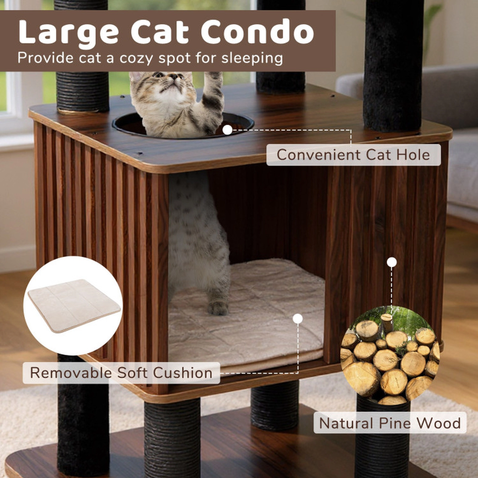 SUGIFT 64 in Wooden Cat Tower Brown 6-Level Cat Tree with Padded Top Perch and Condo