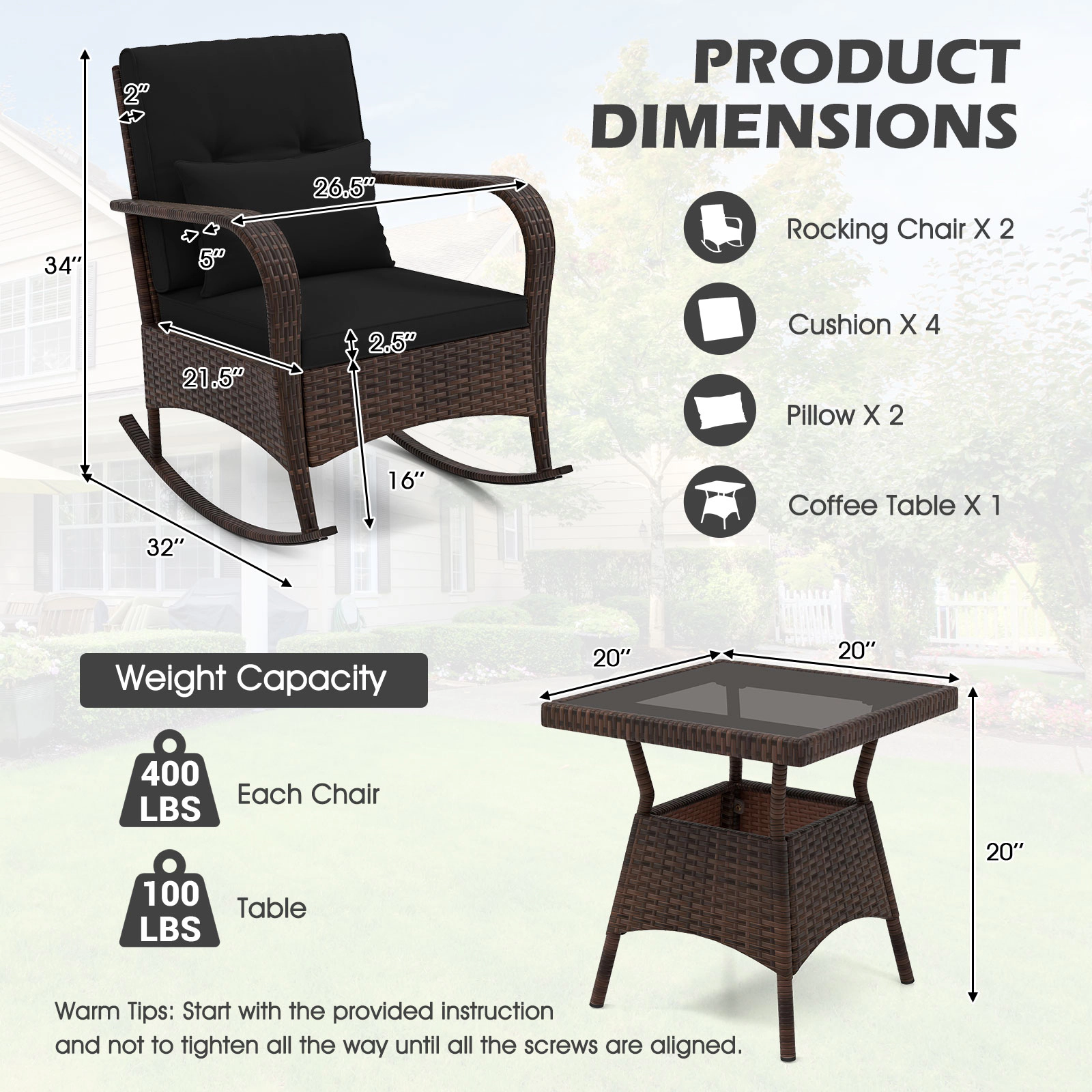 Hivvago 3 Piece Outdoor Rocking Set with Tempered Glass Coffee Table for Backyard Poolside
