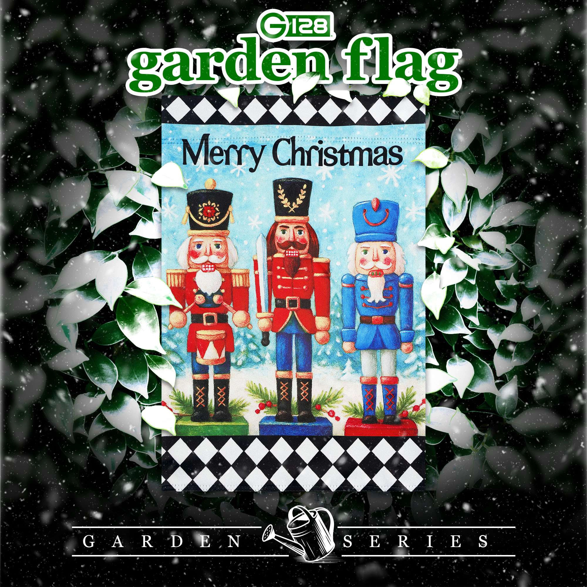 G128 Merry Christmas Three Nutcrackers Garden Flag 12x18 Double-Sided Outdoor Holiday Yard Decoration