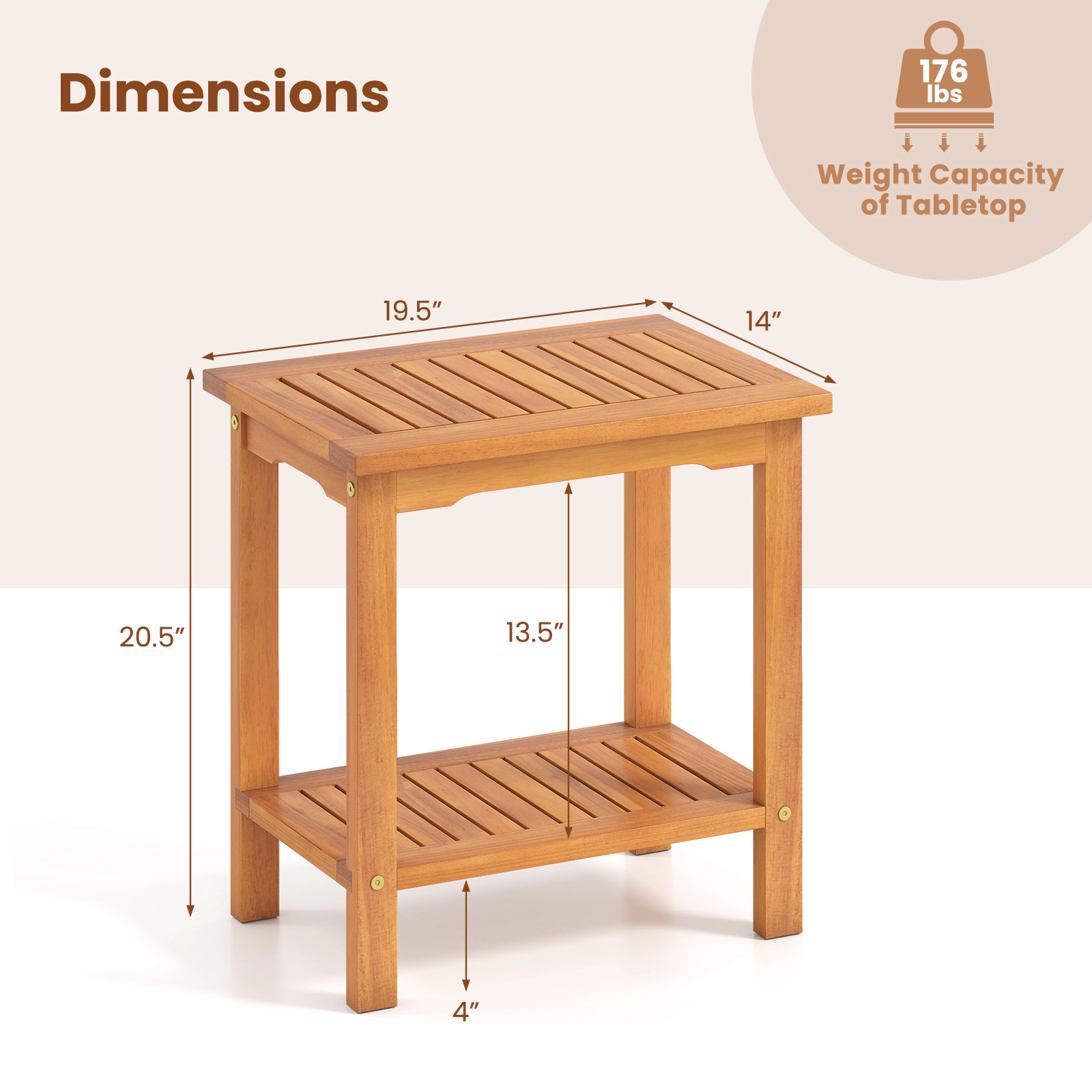 SUGIFT 19.5 in Outdoor Side Table Acacia Wood 2-Tier with Slatted Top and Storage Shelf