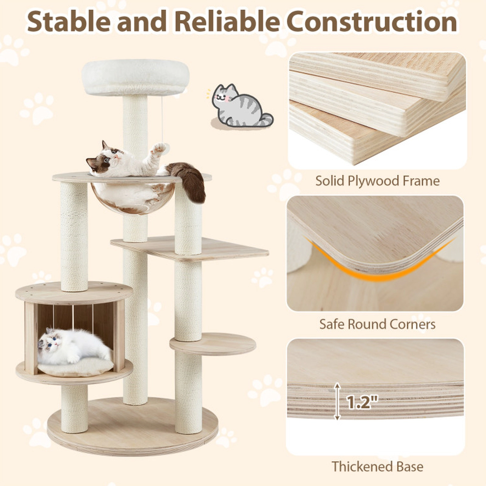 SUGIFT 52 in Wooden Cat Tree Natural with Washable Plush Cushions and Space Capsule