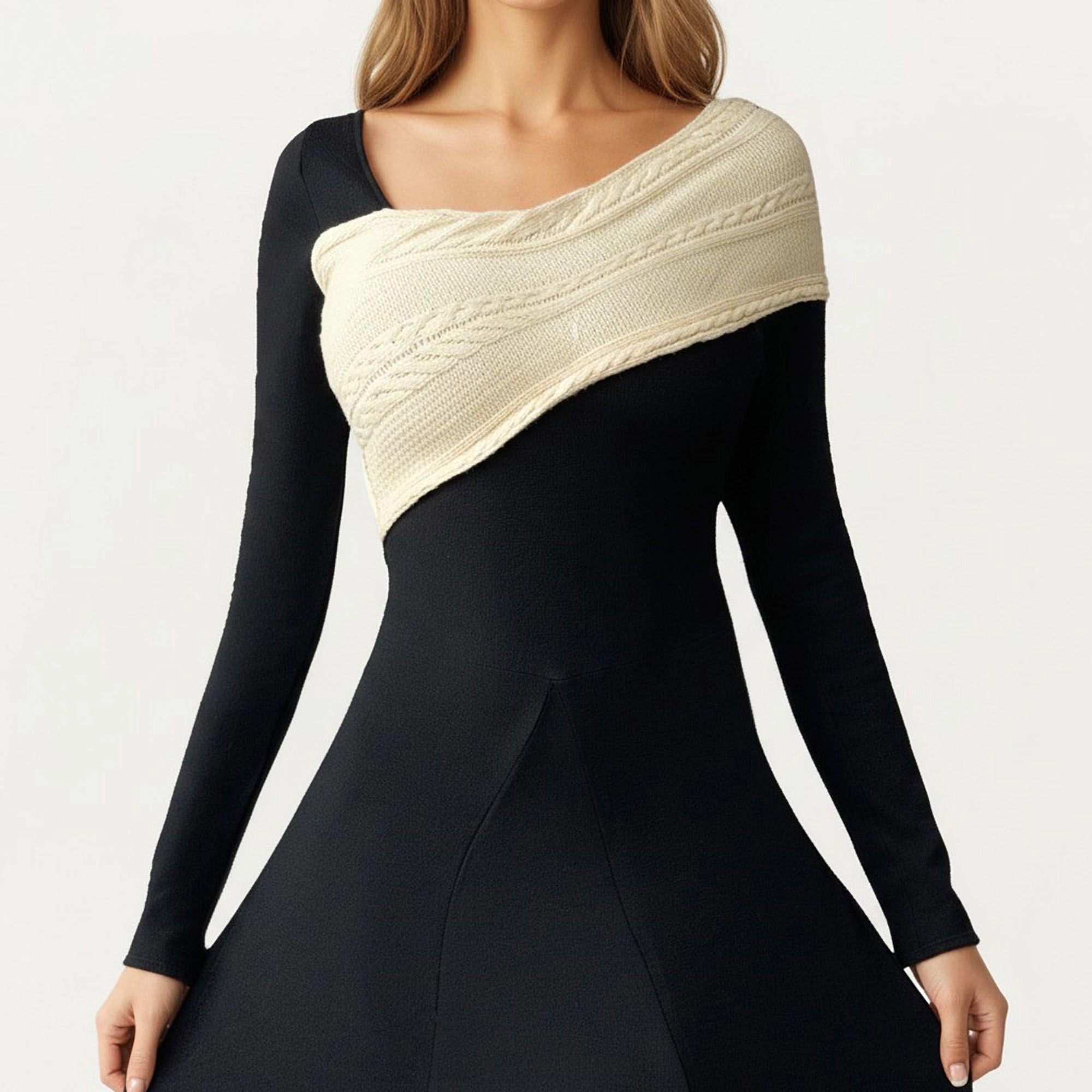Anna-Kaci Women's Black Off Shoulder Knit Detail Long Sleeve Midi Dress