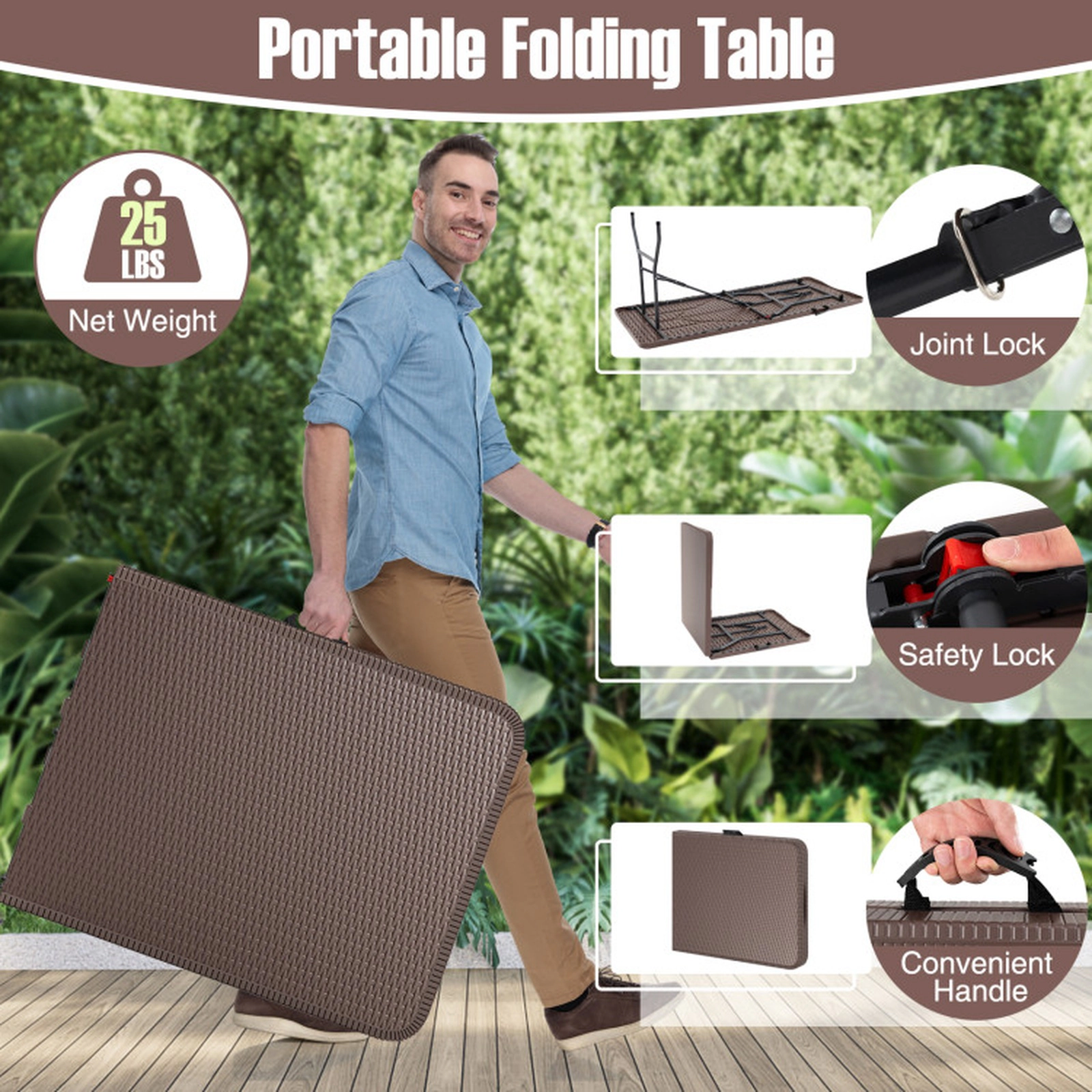 SUGIFT 6-Ft Coffee Folding Table, Rattan-Look HDPE Top, Locking Legs