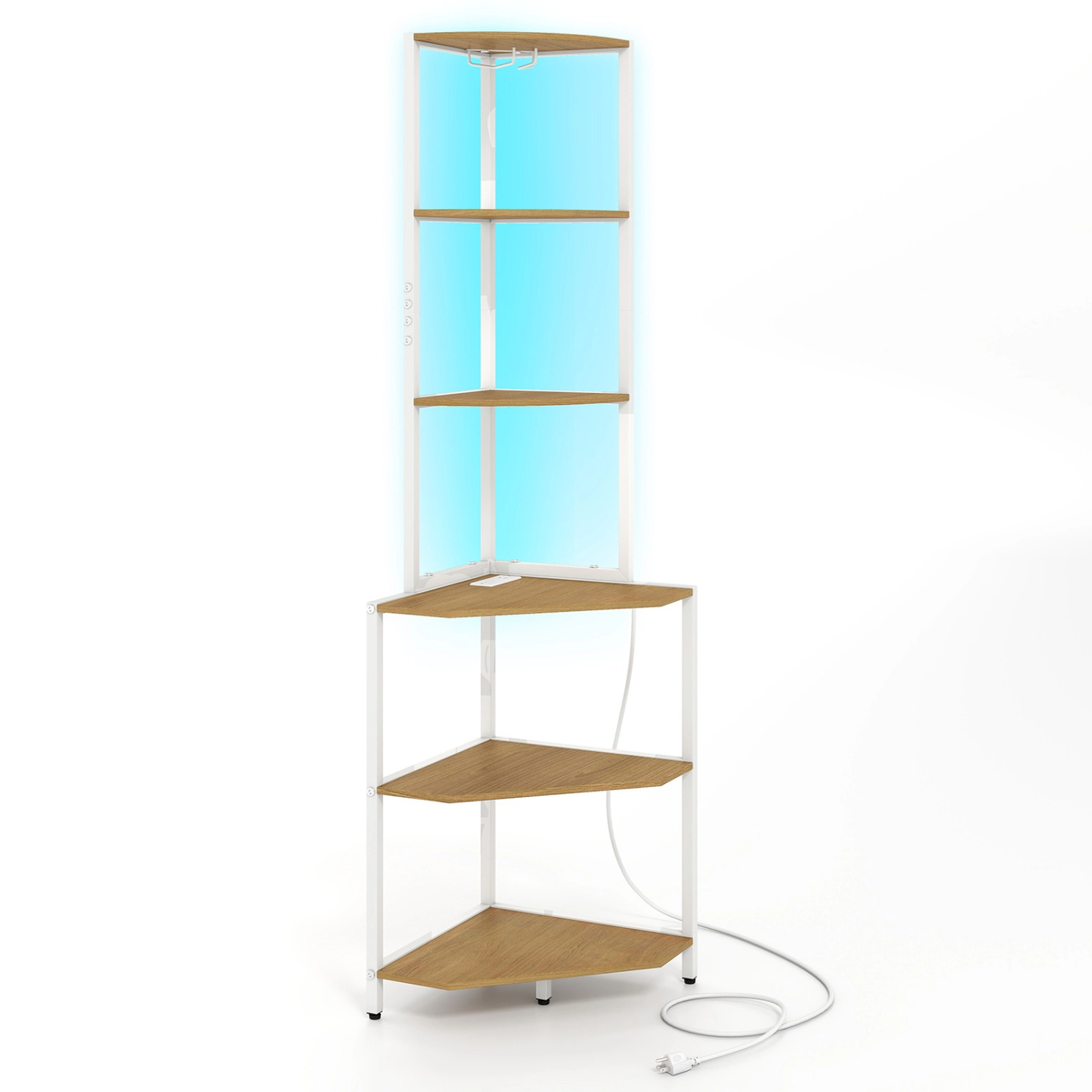 SUGIFT 6-Tier Natural 65-in Tall Corner Bookshelf with Charging Station LED Light and Stemware Rack