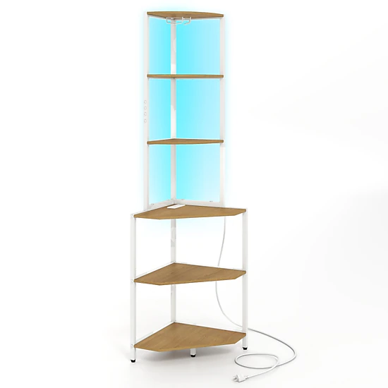 SUGIFT 6-Tier Natural 65-in Tall Corner Bookshelf with Charging Station LED Light and Stemware Rack