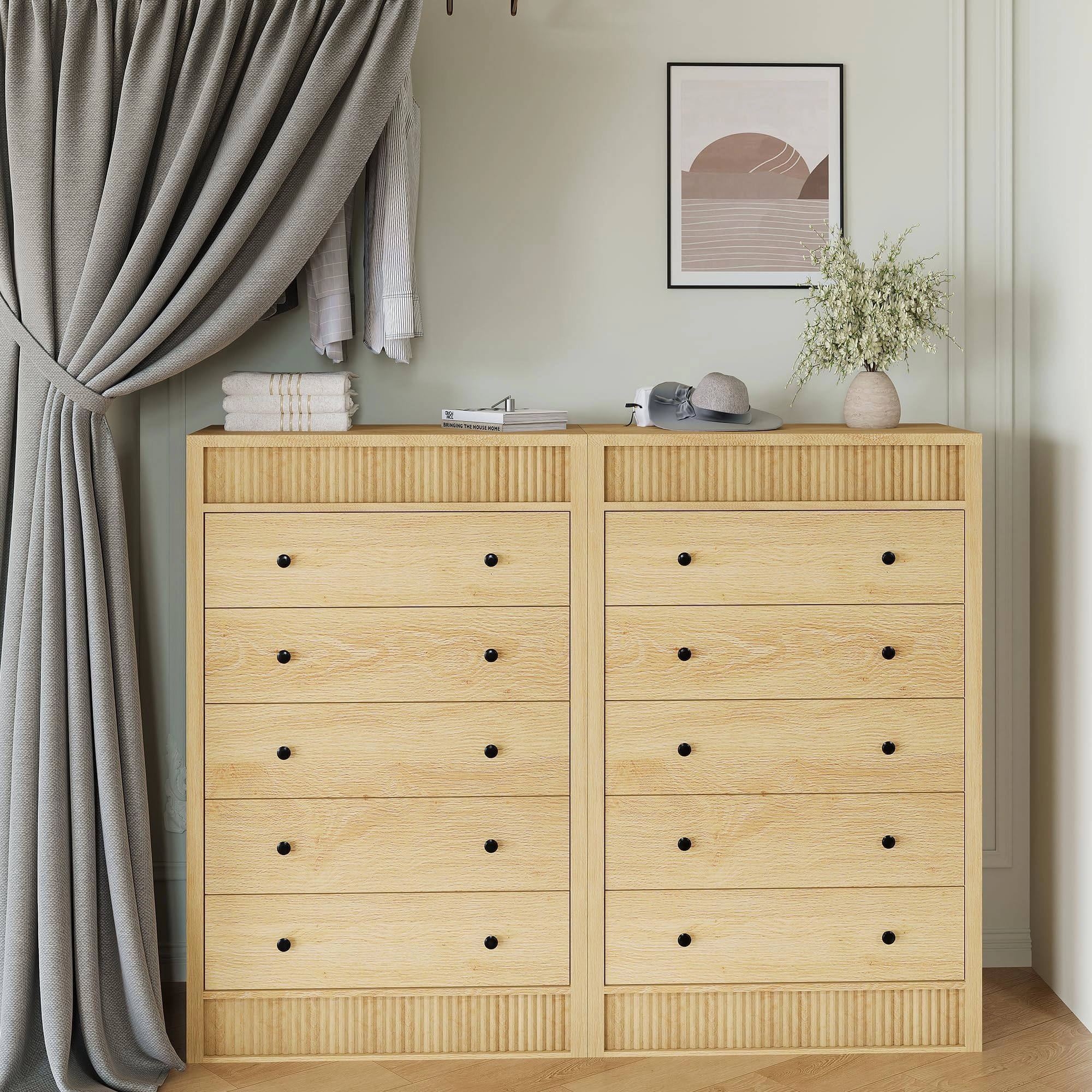 Fluted 5 Drawer Tall Wooden Dresser, 31.5" Wide Modern Storage Cabinet for Bedroom