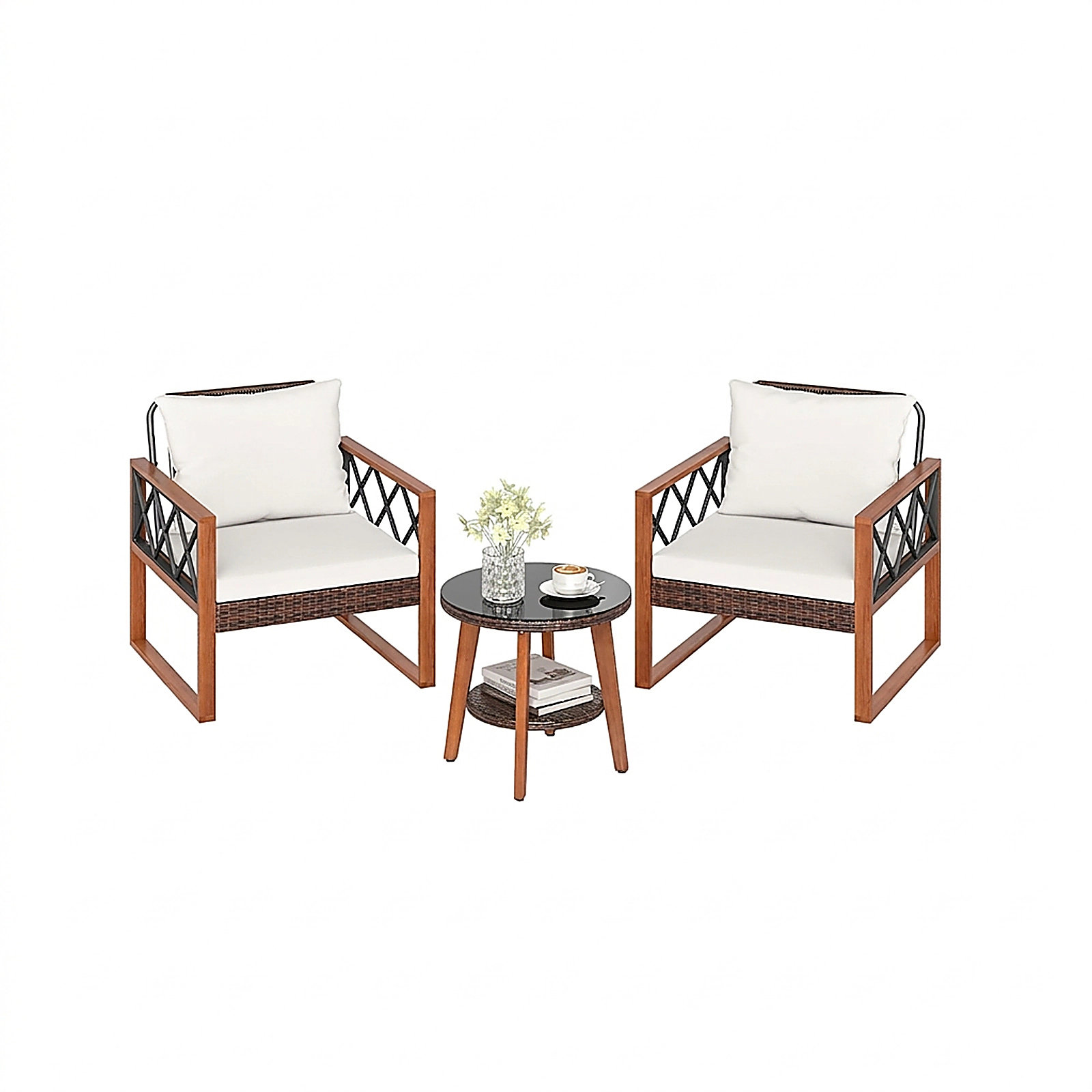 SUGIFT 3-Piece Off-White Patio Bistro Set, 2 Cushioned Rattan Chairs and Tempered Glass Table