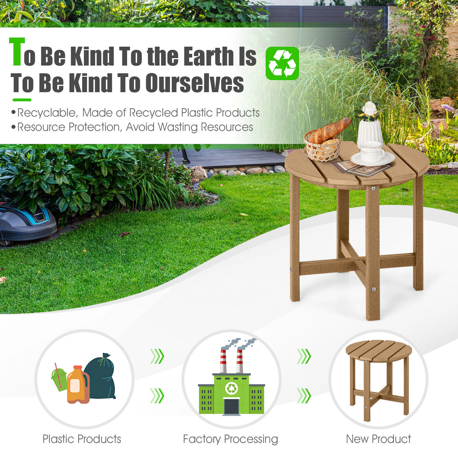 SUGIFT Brown Weather Resistant Patio 18 in Round HDPE Adirondack Side Table