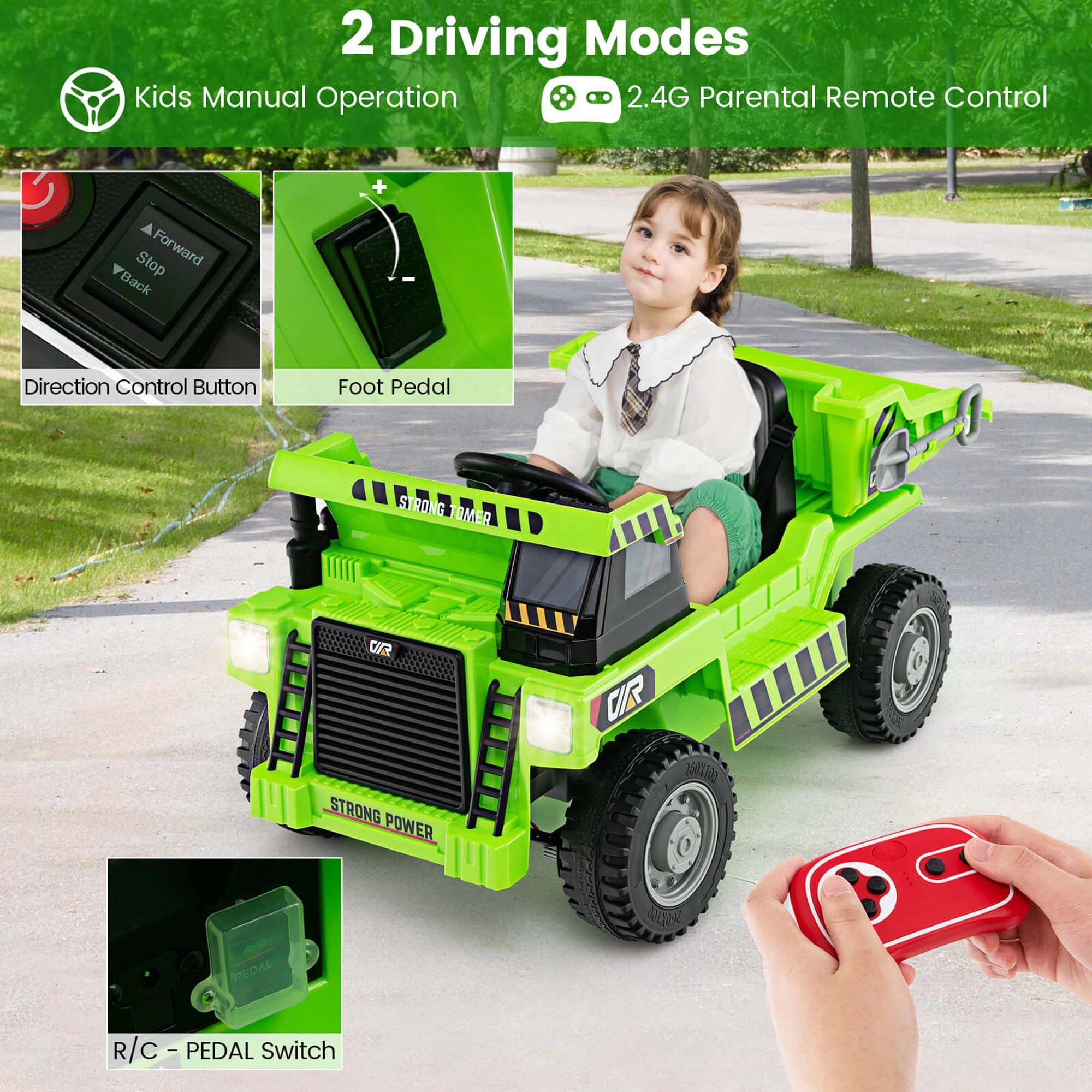 Costway Kids Ride-On Dump Truck with Wireless Connection Music LED Lights Soft Start Green/Yellow