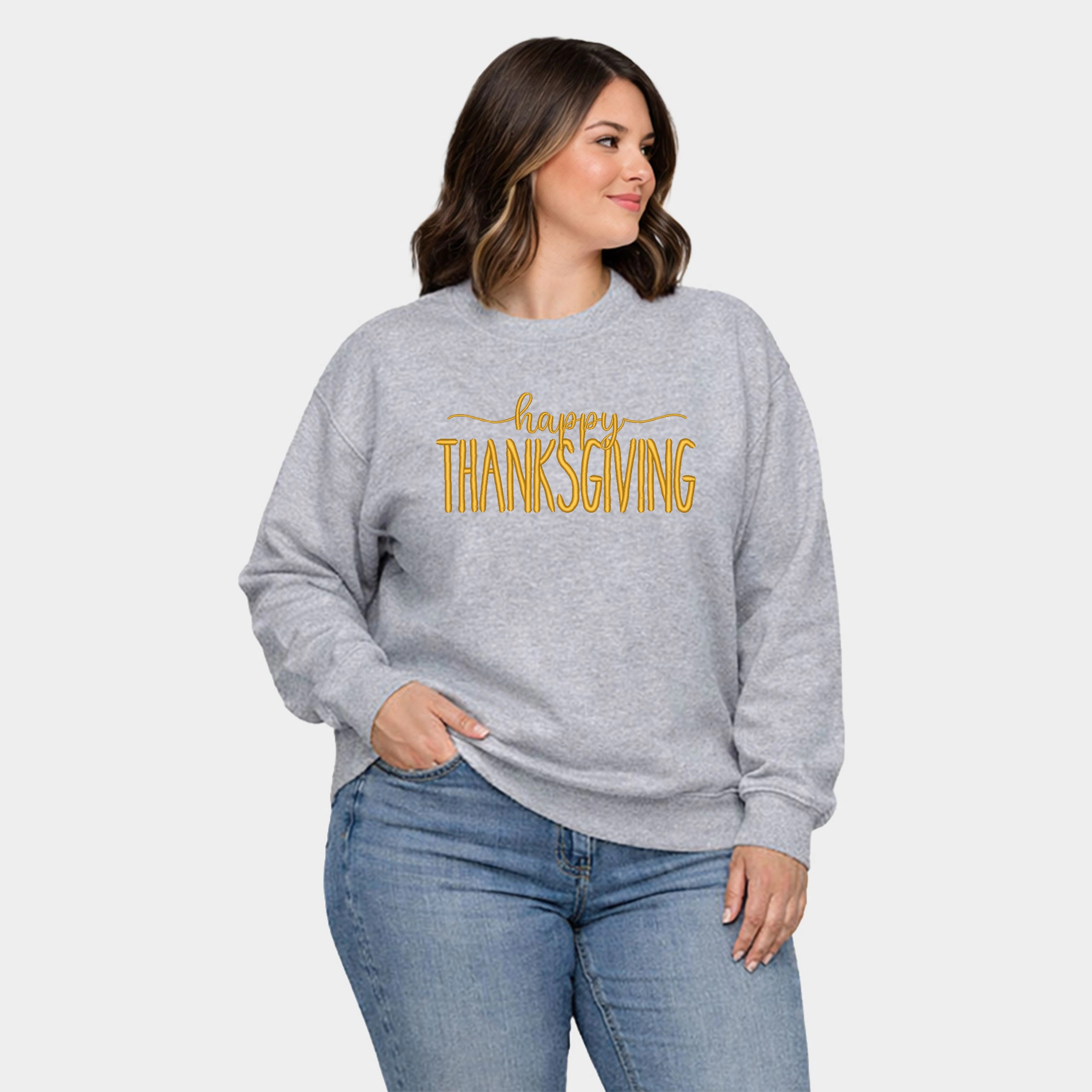 Simply Sage Market - Embroidered Happy Thanksgiving  Women's Plus Sized Graphic Sweatshirt