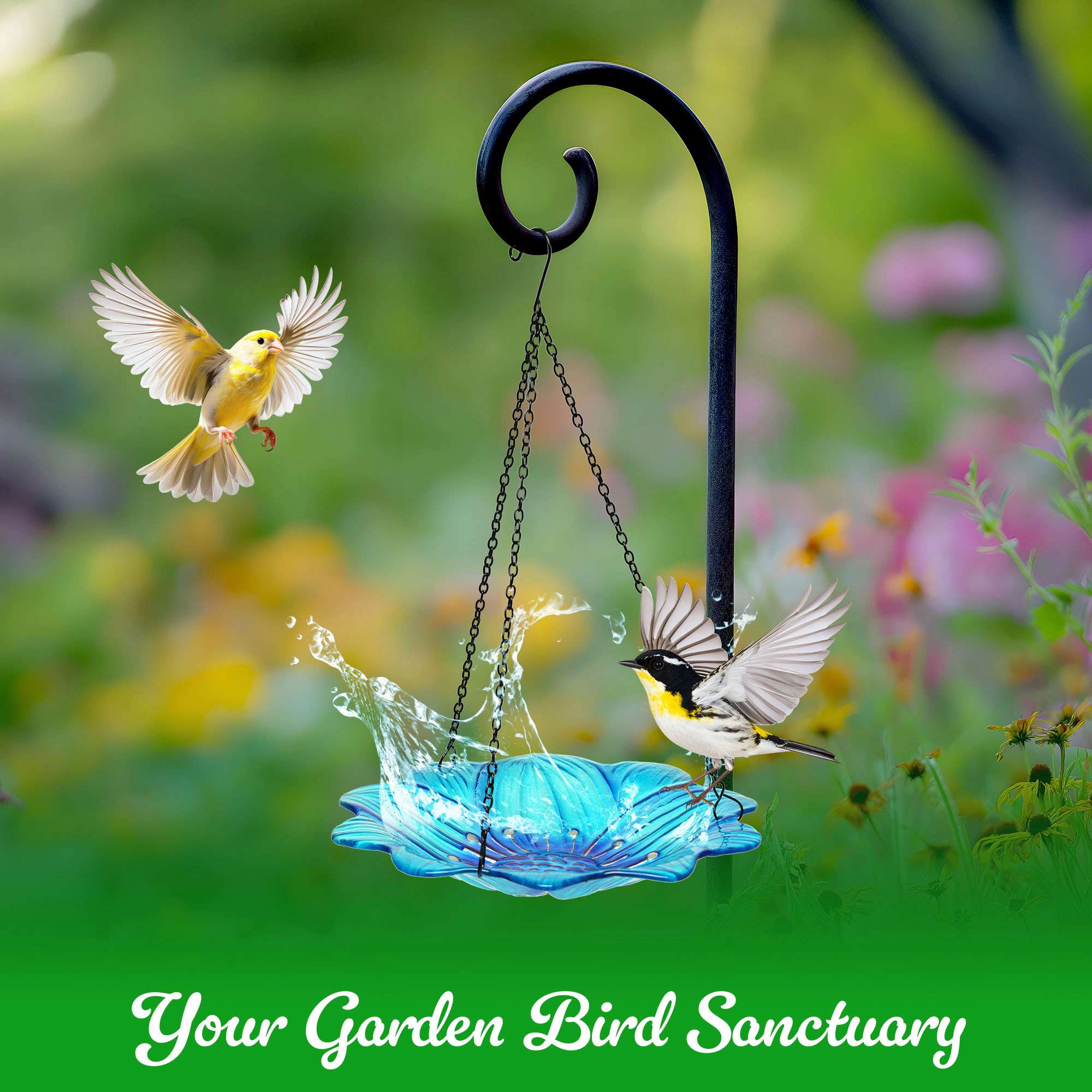 G128 10-inch Hanging Glass Bird Bath and Feeder Blue Flower Design