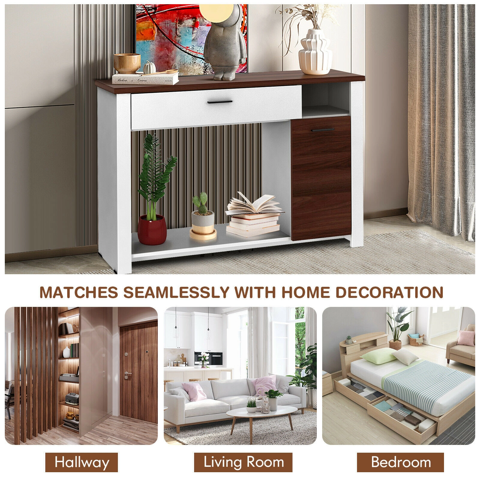 SUGIFT Drawer Cabinet 5-Position Shelf Walnut Top Entryway Console Table 48-in x 12-in x 31.5-in 77-lb Capacity White