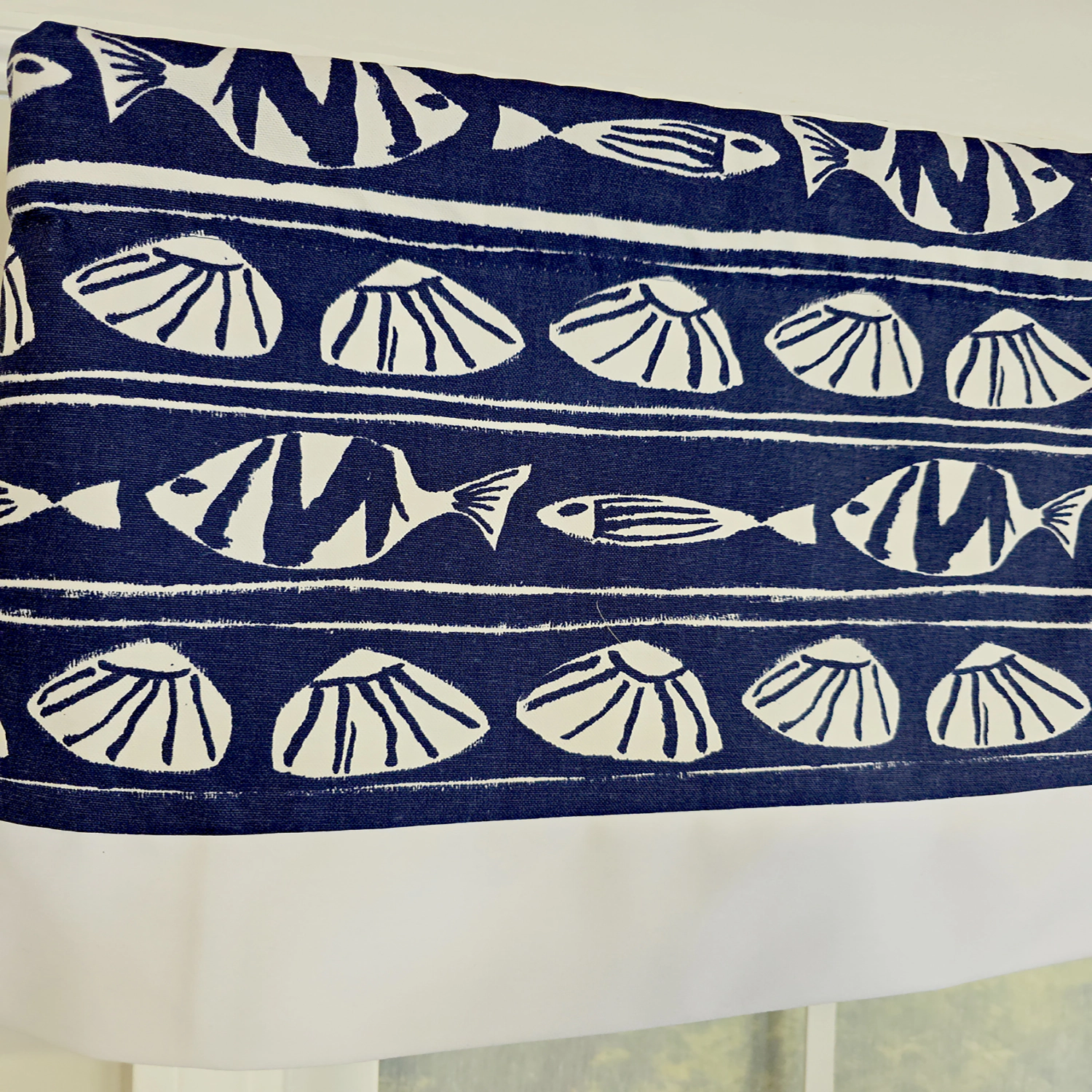 RLF Home She Shells Banded Valance Collection - 100% Cotton with Ivory Lining 50" x 16"  Navy