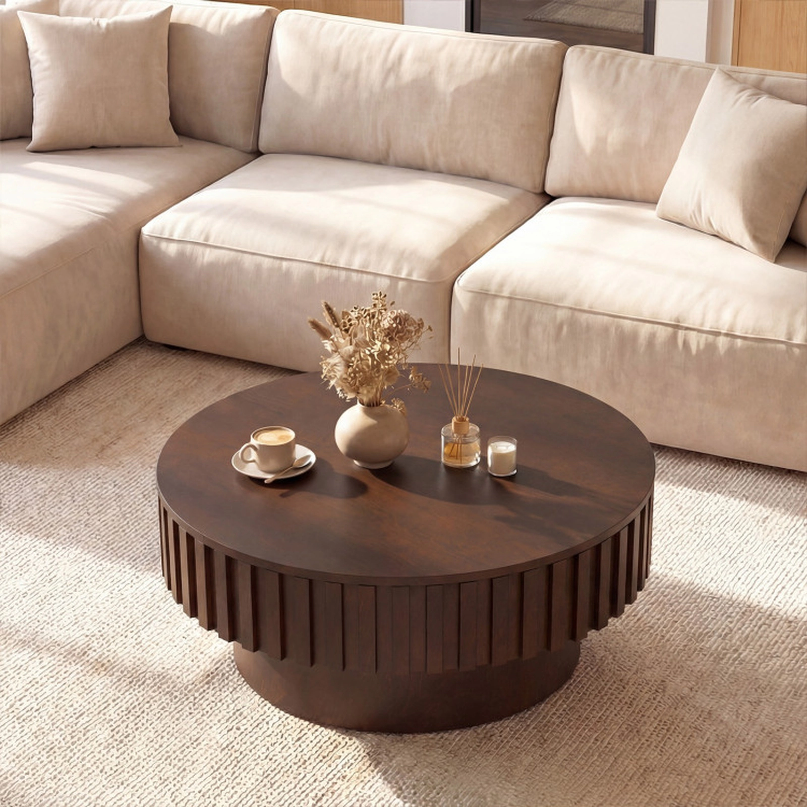 SUGIFT Round Fluted Drum Flip Top Hidden Storage Rubber Wood Coffee Table 31-in x 31-in x 14-in 265-lb Capacity Walnut
