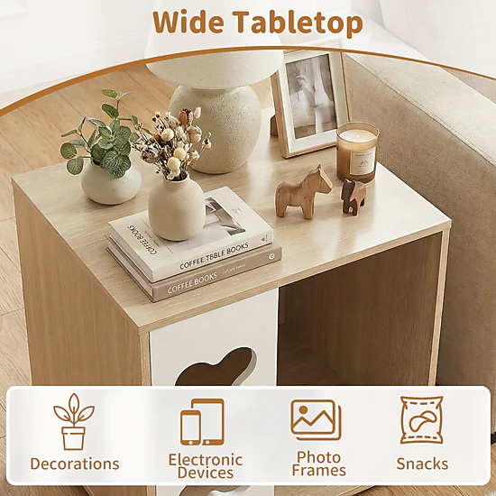 SUGIFT Wooden Cat House Side Table with Bone Shape Window Thick Metal Legs and 22-lb Tabletop for Cats