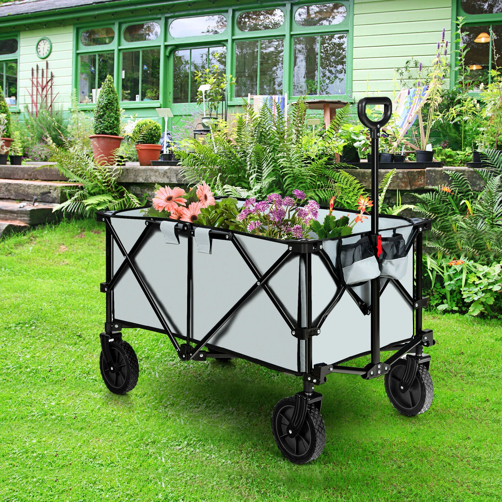 SUGIFT Folding Wagon Cart Gray with Adjustable Handle and 4 Universal Wheels