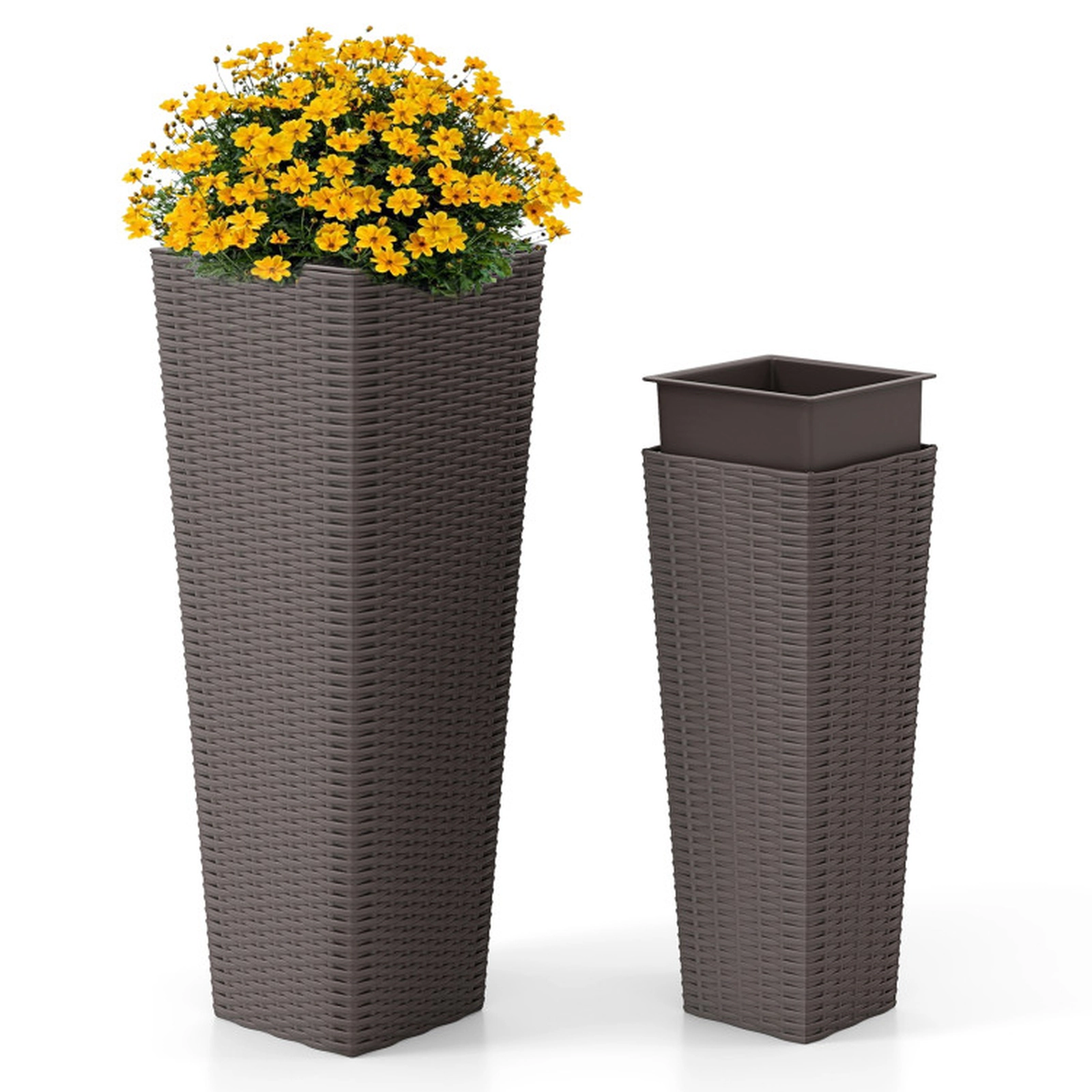SUGIFT Set of 2 Rattan-Style Tall Tapered Planters with Inner Trays 32-in and 24-in Outdoor Flowerpots Black/Coffee
