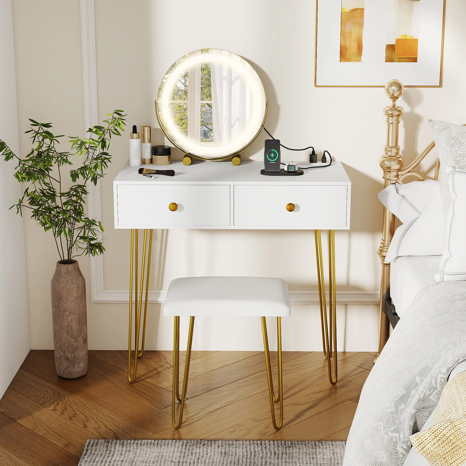 SUGIFT Vanity Desk with 16-in Round Lighted Mirror on 360-Degree Mount Metal Legs and Power Outlets