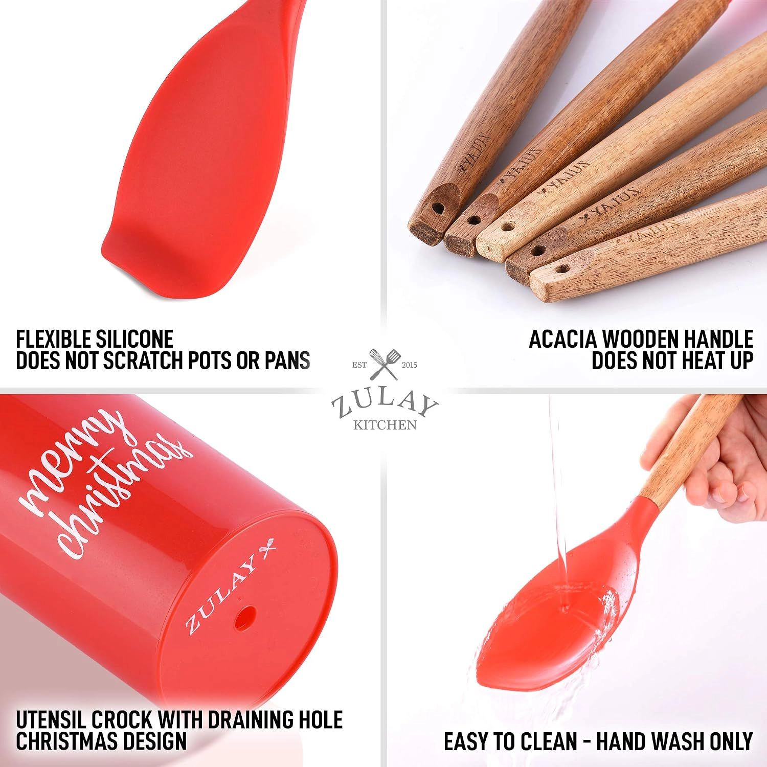 Zulay Kitchen Non-Stick Silicone & Acacia Wood 5-Piece Cooking Utensil Set with Holder