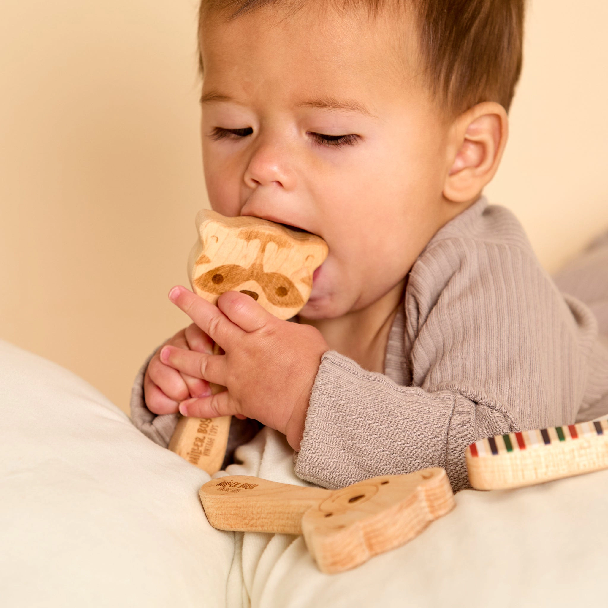Solid Maple Wood Raccoon Baby Rattle and Teether - Natural Wooden Toy Made in the USA