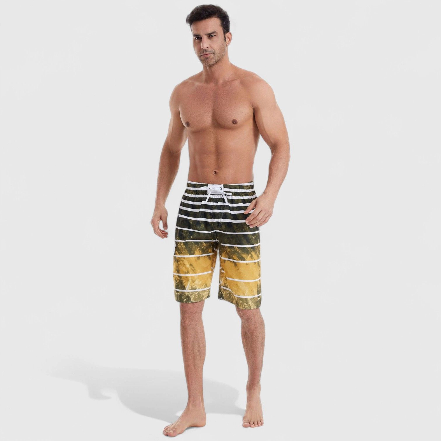 Anna-Kaci Men's Striped Ombre Board Shorts with Elastic Waistband and Drawstring Closure