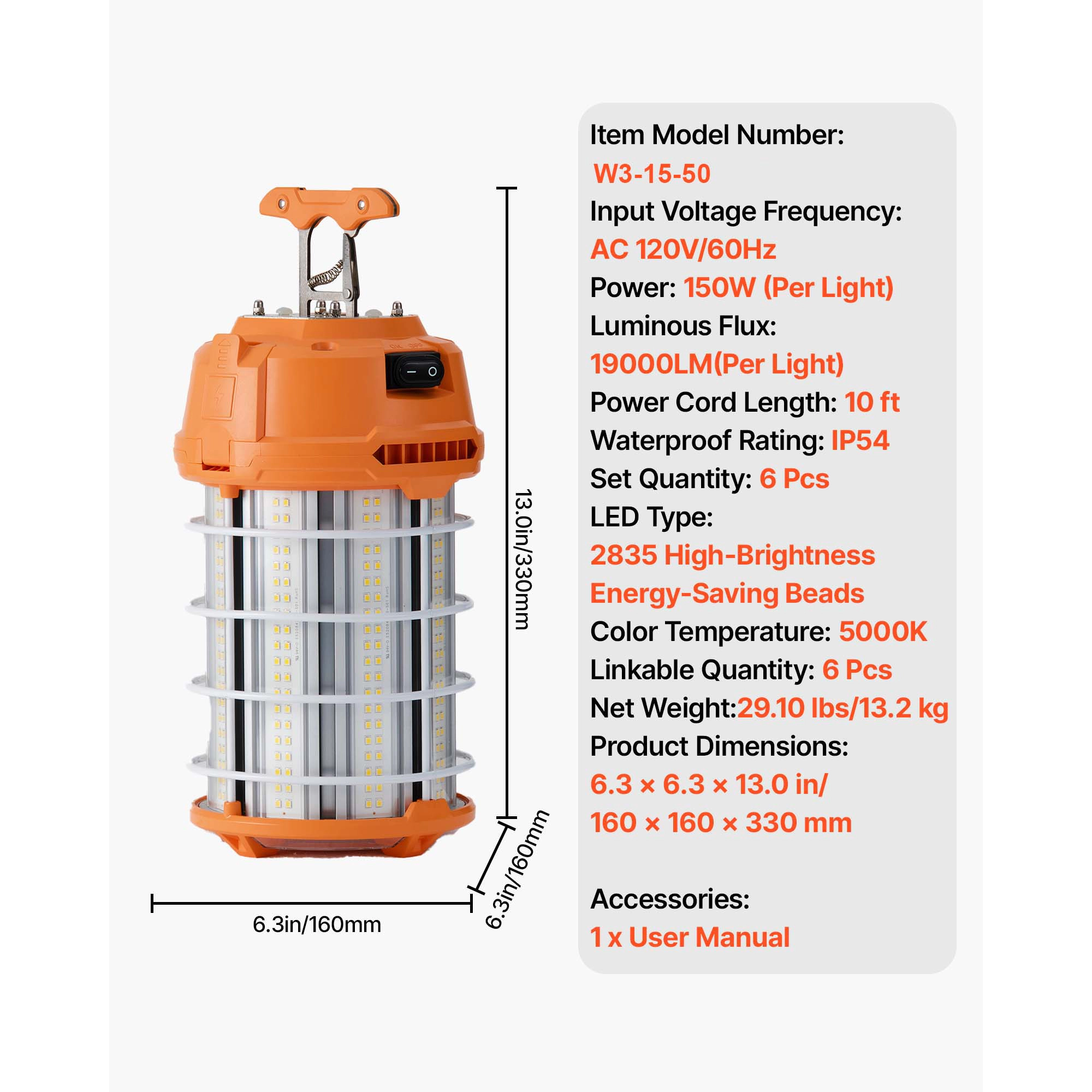 HONGGE LED Temporary Work Light, 5000K Durable & Water-Resistant, Linkable up to Units