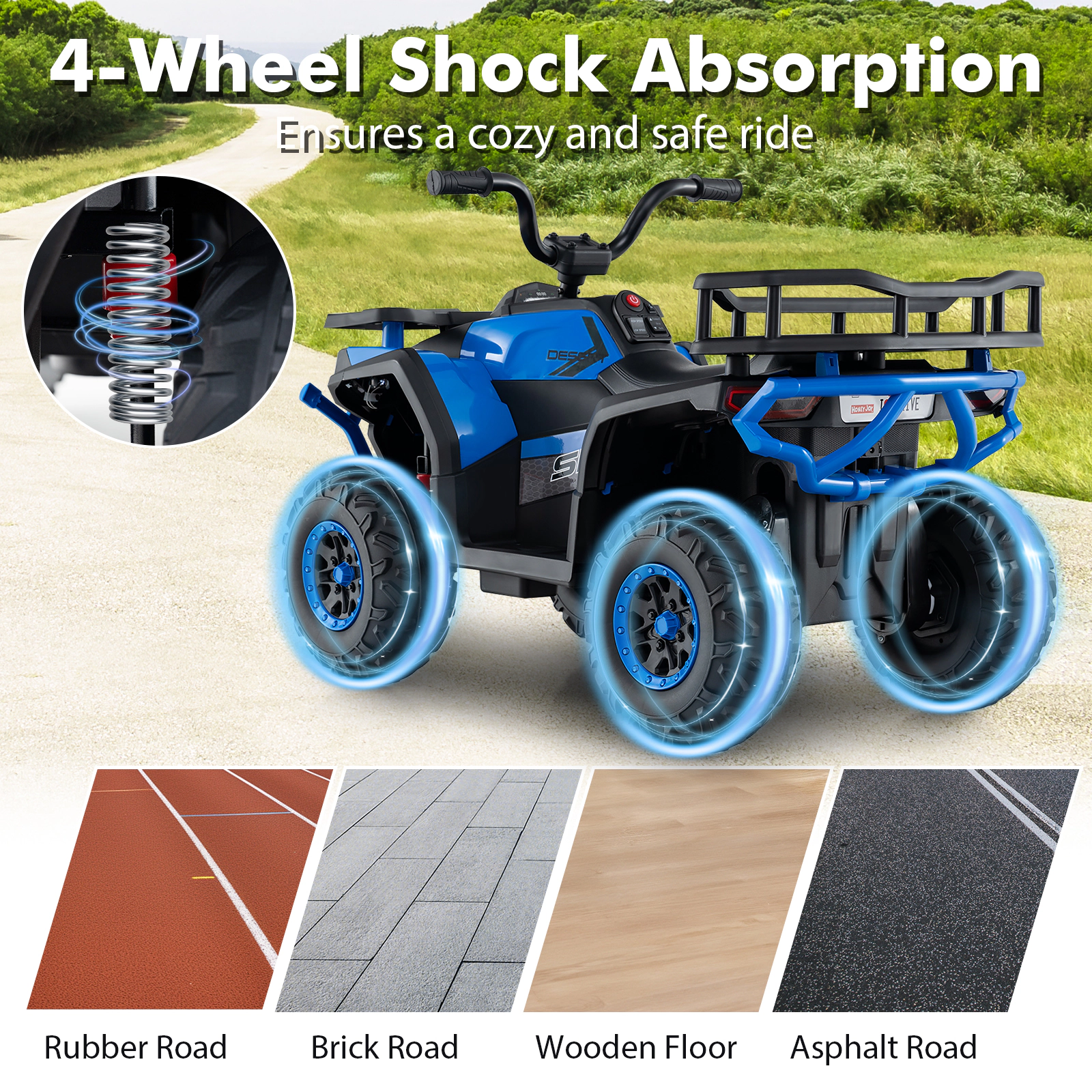 SUGIFT 24V Kids Ride-On Electric ATV Quad Car with Music FM Radio 66-lb Capacity Ages 3+ 35-in Long LED Lights Navy