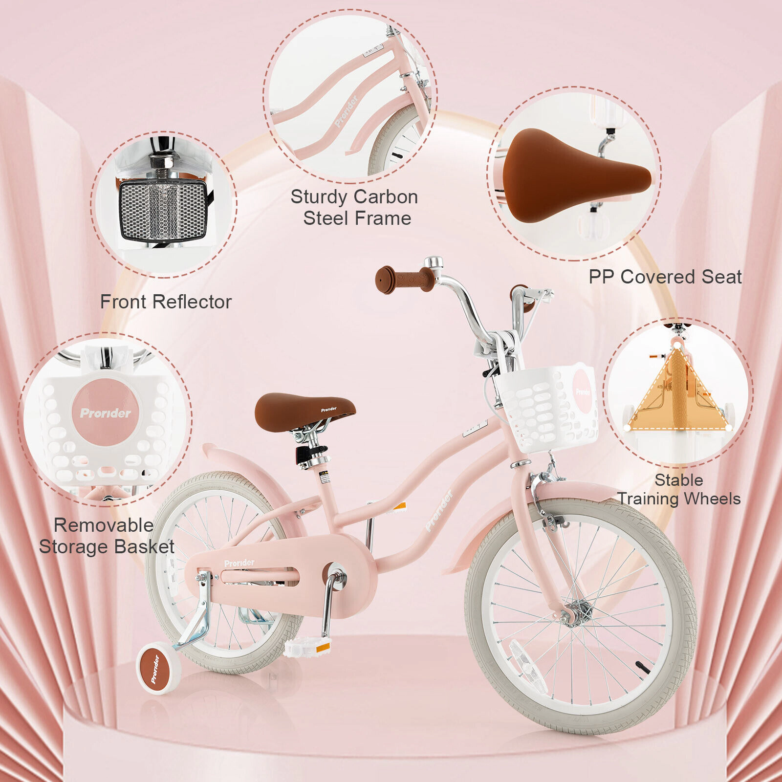 18-in Kids Bike Front Handbrake Rear Coaster Brake Removable Storage Basket Height Adjustable Handlebar Seat Pink