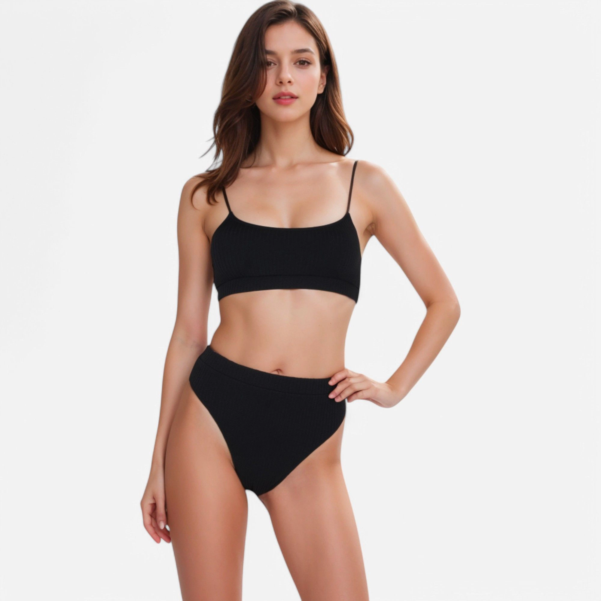 Anna-Kaci Women's Ribbed Bikini Set with Scoop Neck Bralette and High-Cut Bottoms
